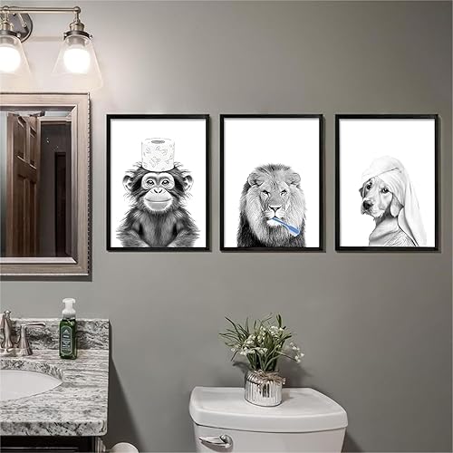 Miniatura 5 de TWNSLLA Juego de 9 piezas de arte divertido para pared de baño, decoración de pared de baño en blanco y negro, bonita decoración de pared de
