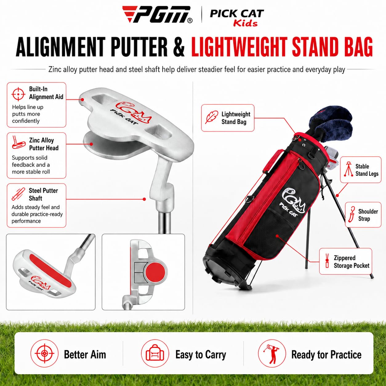 PGM Junior Golfschläger Komplettset für Kinder Kinder, 5 Golfschläger mit Standtasche und 2 Schlägerhauben für Jungen & Mädchen, rechte Hand