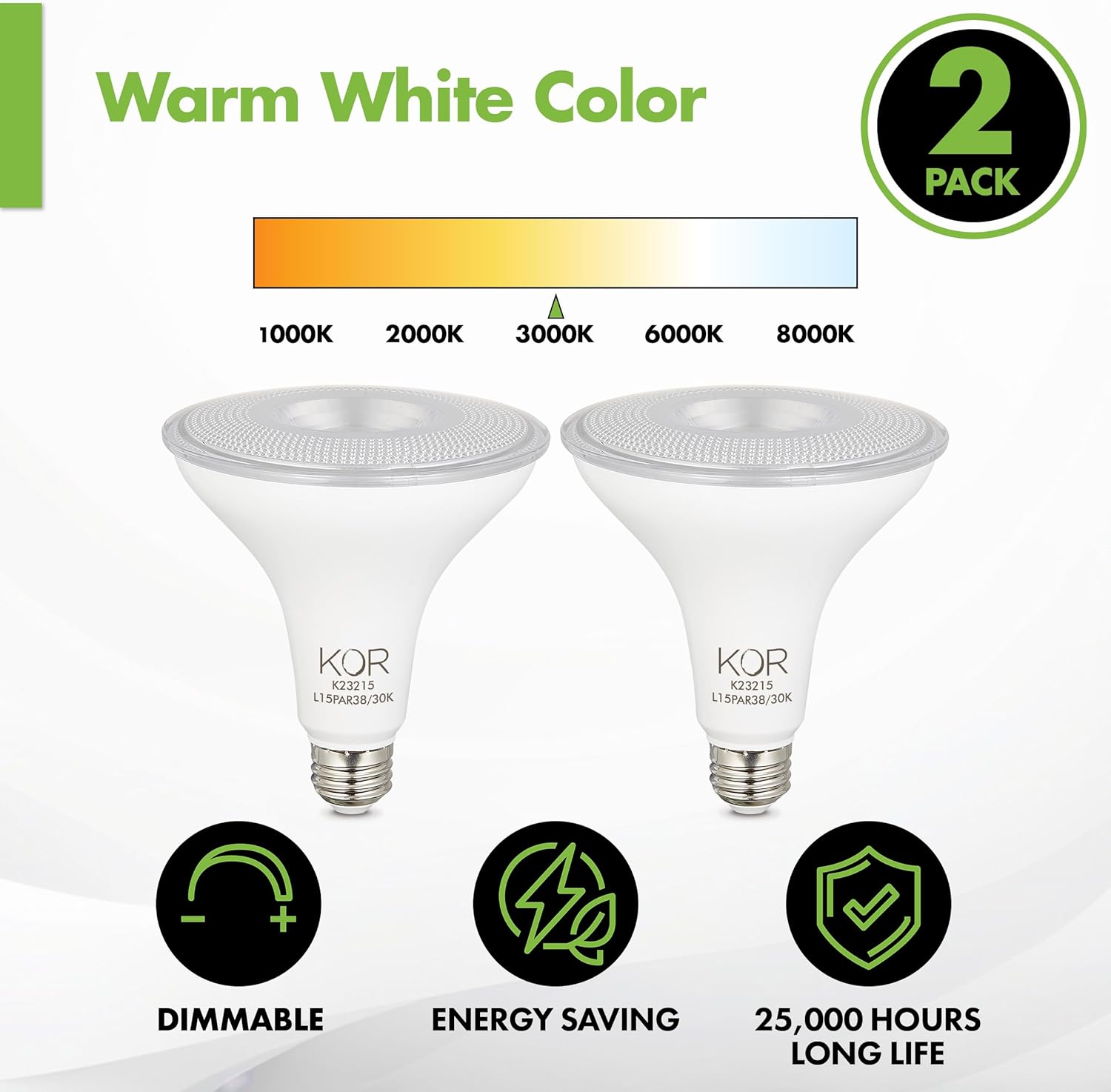 KOR LED PAR38 Flood Light Bulbs, 2 Pack, Dimmable 100W Equivalent, 3000K Warm White, Indoor Outdoor 15W Spotlight Bulb, E26 Base, 1250 Lumens, Frosted Finish, Wet Rated, UL Listed