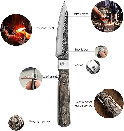 Miniatura 4 de SENBON Cuchillo de chef plegable afilado de acero inoxidable 440 forjado, cuchillo de utilidad para pelar, cuchillo de fruta, mango de madera