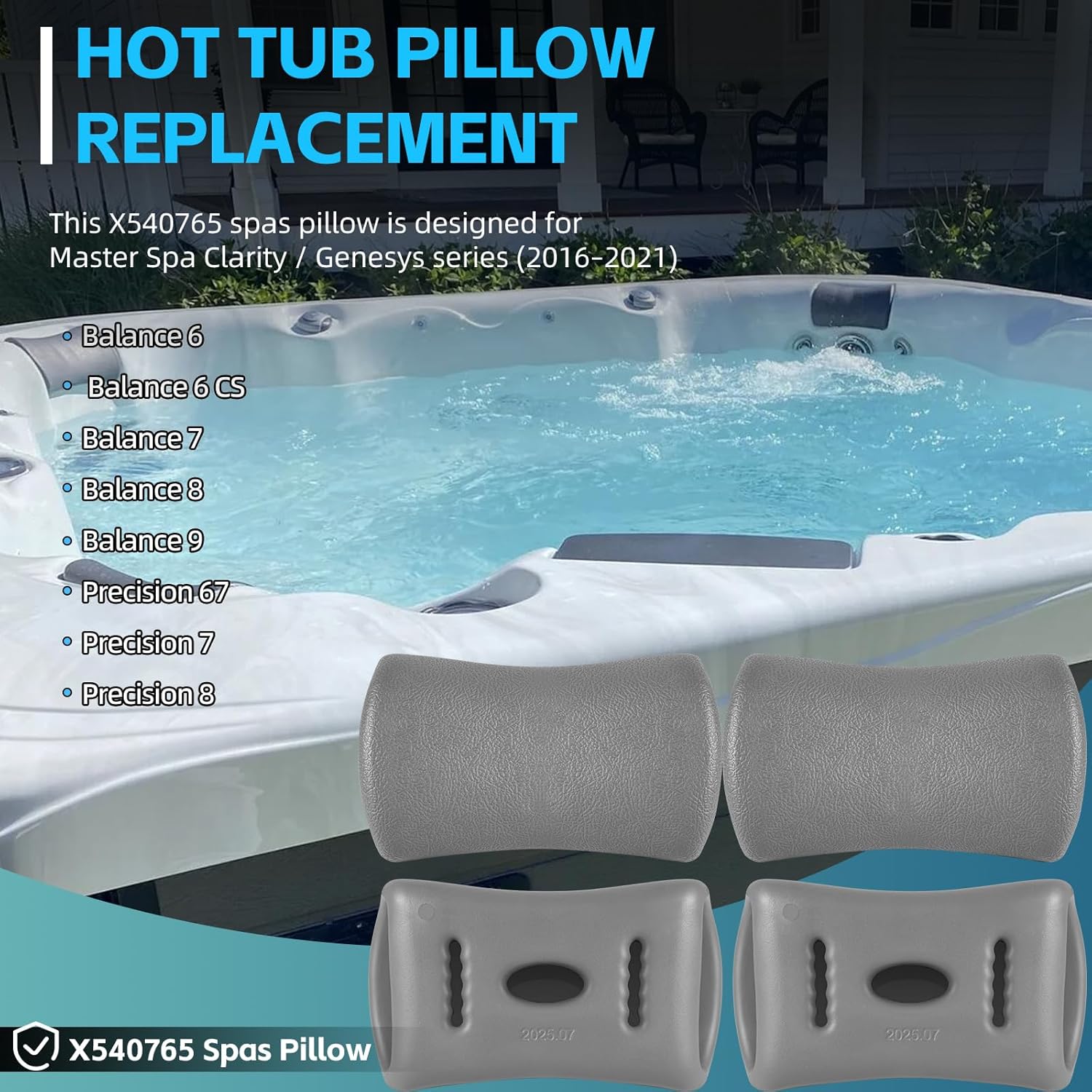 Sunluway 4 Pack Replacement Spa Pillow X540765 for Master Spa Clarity & Genesys Spas 2016–2021, Adjustable Hot Tub Headrest Neck Support