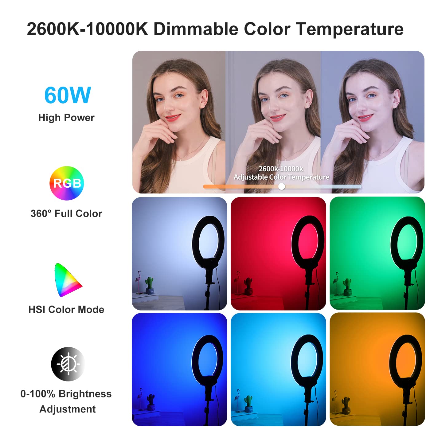 ORDRO Ringlicht mit Stativ, 16 Zoll Selfie Ringlicht mit 74 Zoll Stativ Ständer Bluetooth-App zur Unterstützung mehrerer RGB-Lichtmodi, 2600 K ~ 10000 K einstellbare Farbtemperatur