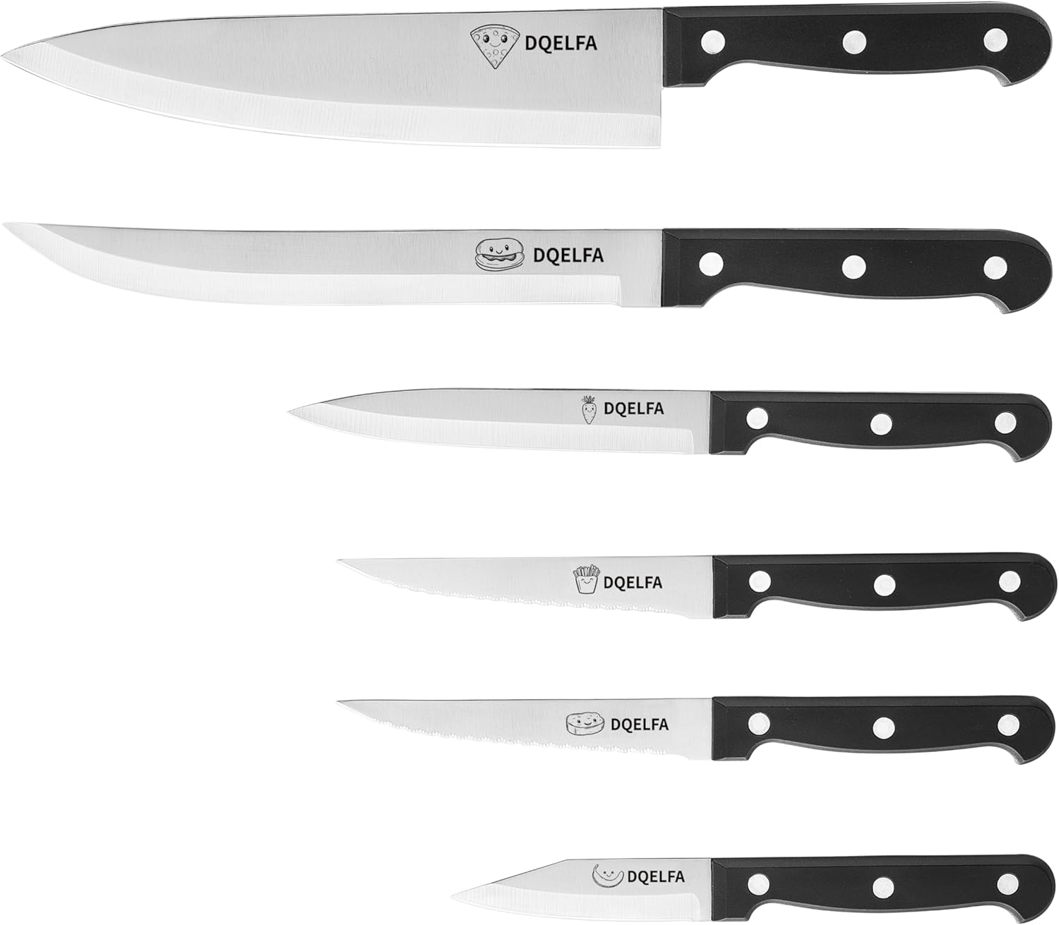 6 Piece Kitchen Knife Set, Stainless Steel Knife Set With Ergonomic Handle, Rustproof, Dishwasher Safe (Black, Fun Food Icons) 6 Piece Kitchen Knife Set, Stainless Steel Knife Set With Ergonomic Handle, Rustproof, Dishwasher Safe (Black, Fun Food Icons)