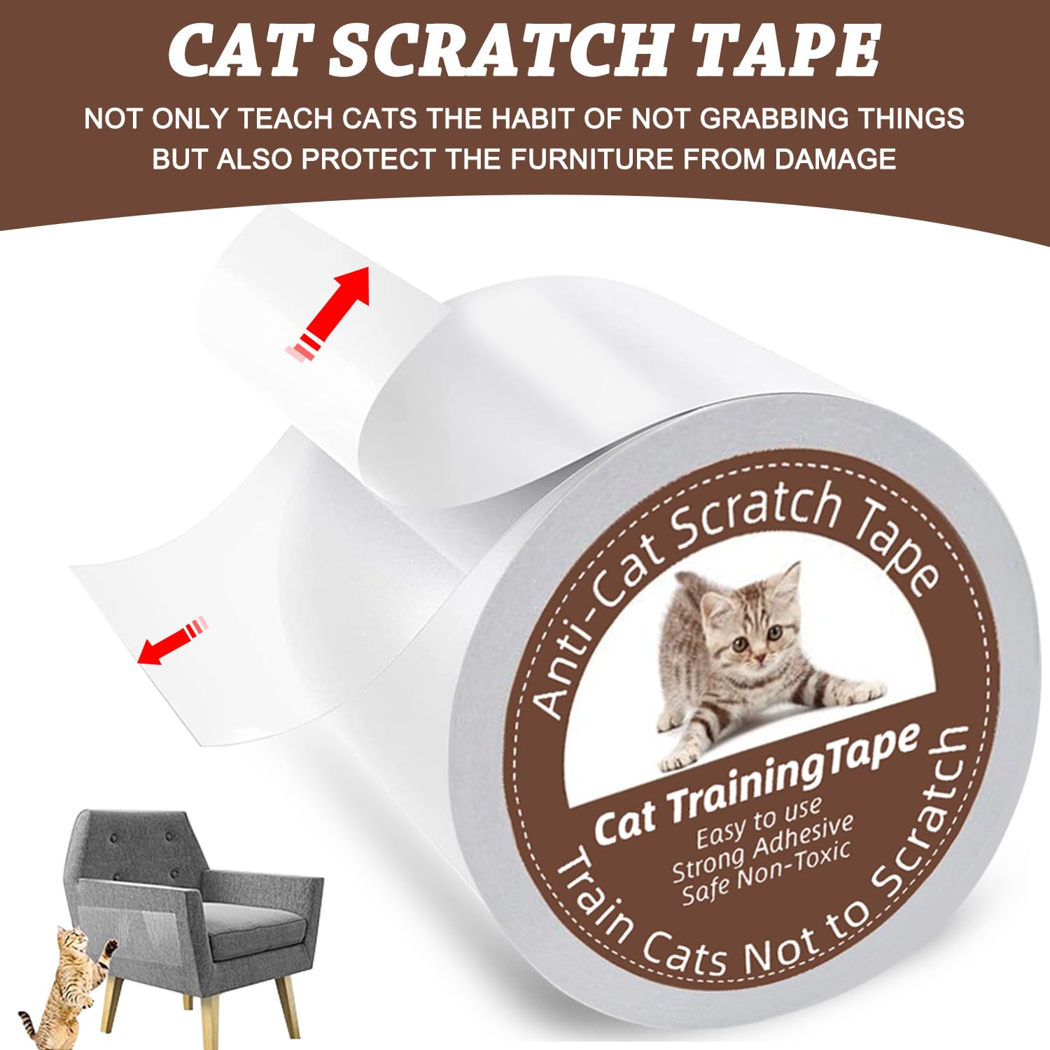 Cinta adhesiva para gatos de 4 pulgadas x 20 yardas, protector de muebles para sofá, 100% transparente de doble cara anti arañazos para gatos