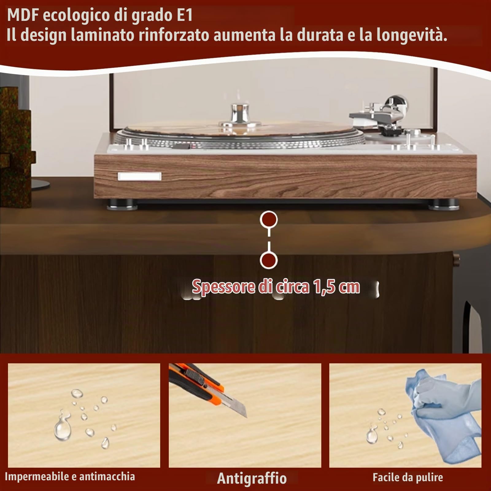 Mobile per Giradischi Porta Vinili Tavolino per Giradischi Capacità 40 Dischi, Mobile Audio Design Multifunzione per Soggiorno, Camera da Letto, Ufficio(Black+Red Tea)