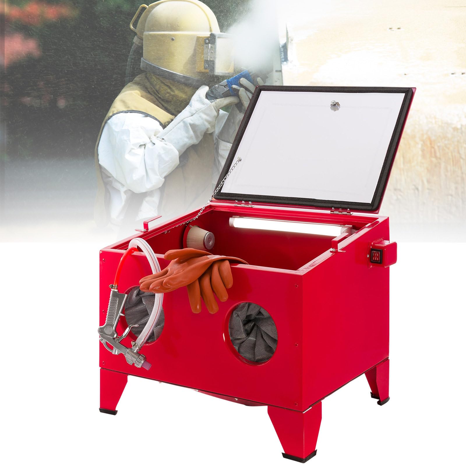 vnmudzeo LED Professional Sandblaster,for Glass Beads,Silica Sand,Alum,24 Gal Box Type Sand Blasting Cabinet,Transparent Glass Top Door and 4 Types of Nozzles