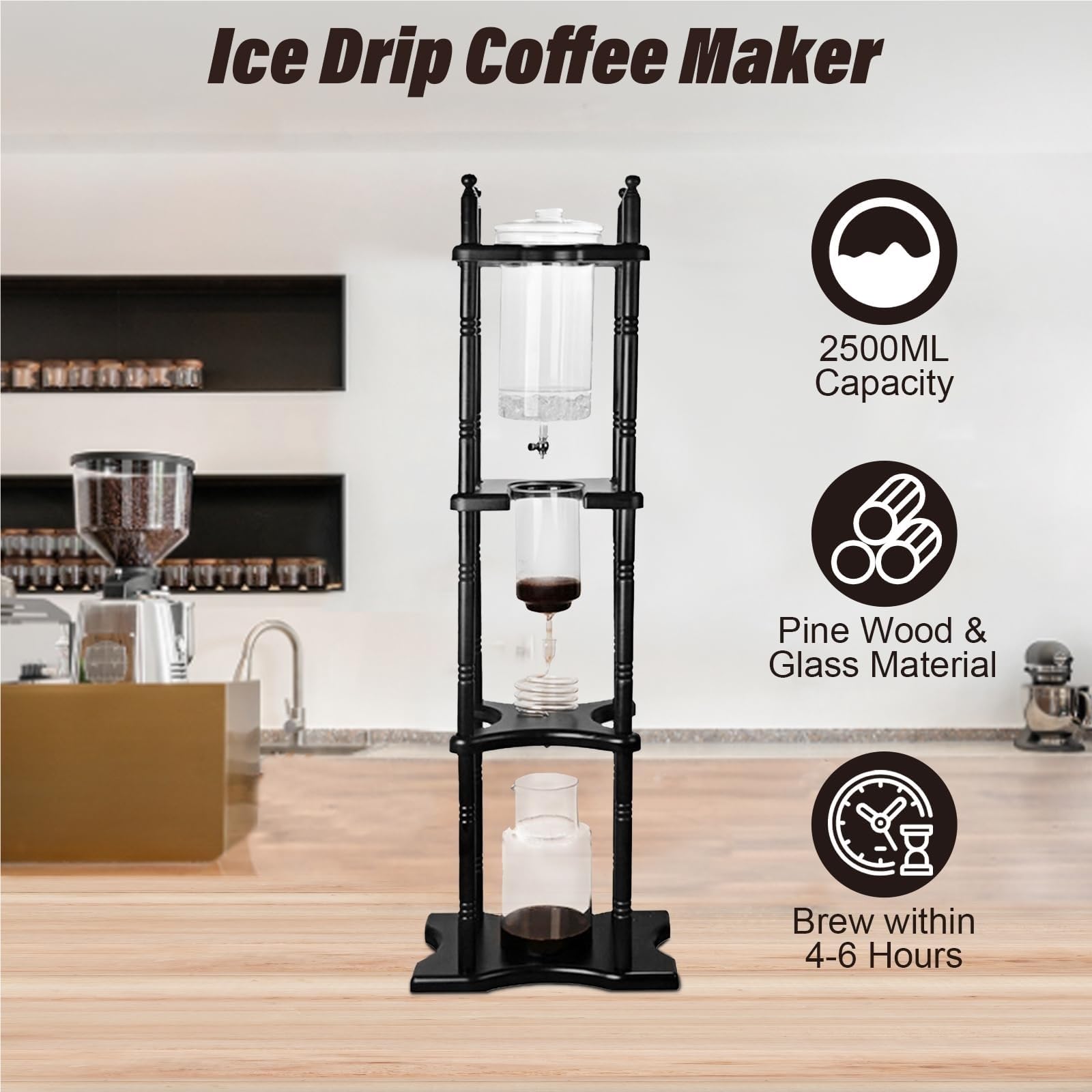 Cafetera Cold Brew, cafetera de goteo lento de 2,5 L con caudal ajustable, marco de madera para el hogar, oficina, fiesta