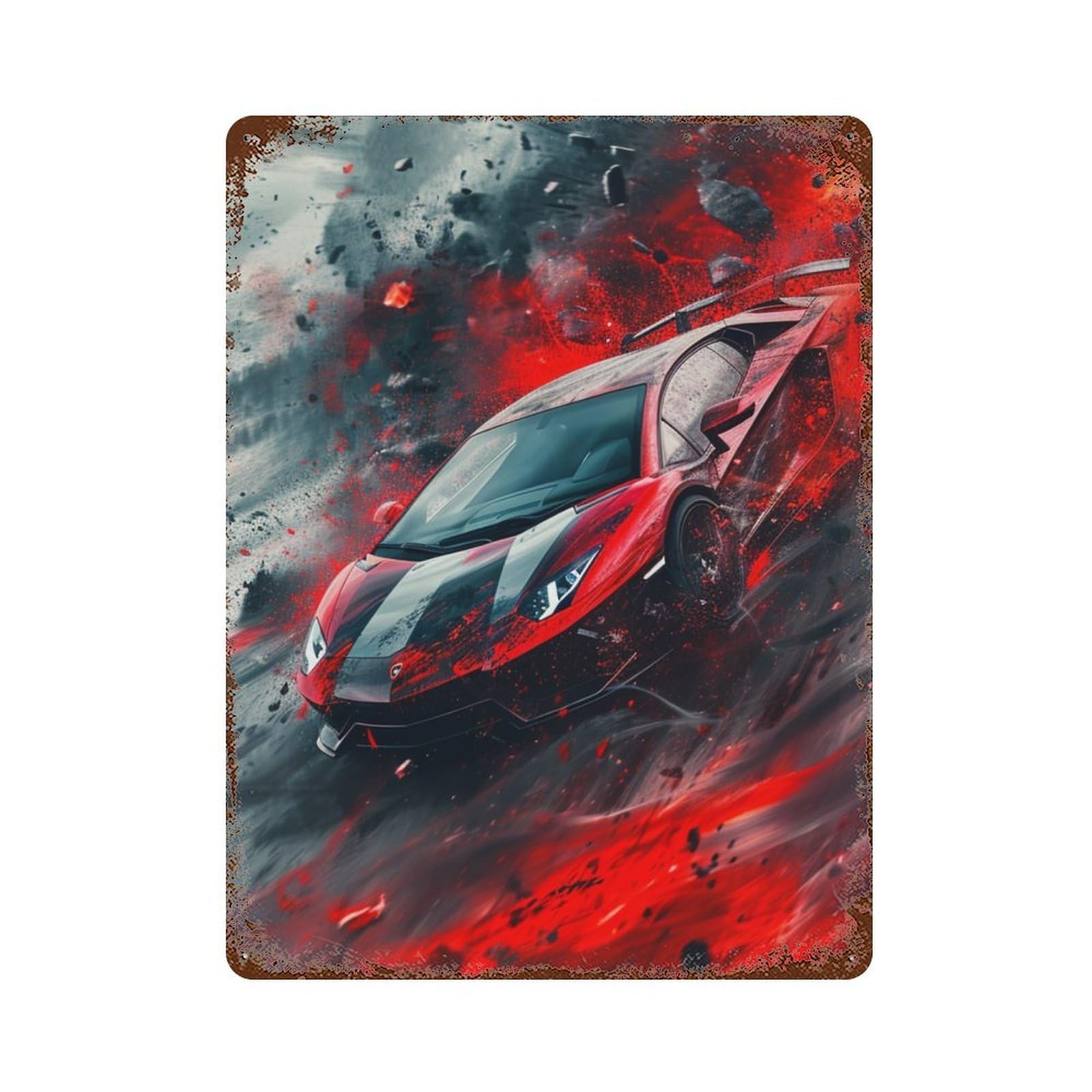 Red Sports Car Speeding Through Flames Rusty Metal Tin Sign 15.7"x11.8", for Farmhouse, Kitchen And Entryway Decor, Rustic Home Decor