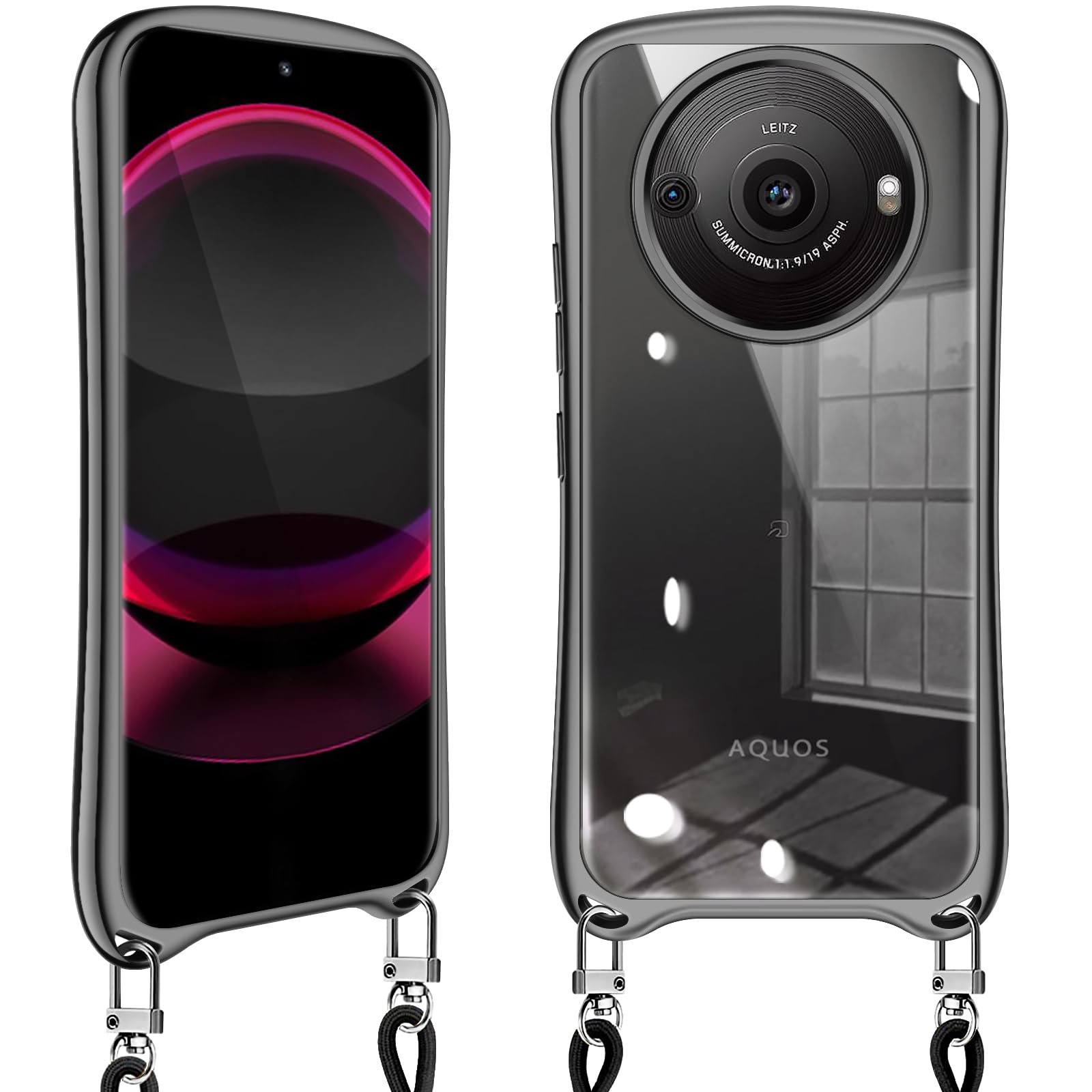 AQUOS R8 pro ケース クリア ショルダー アクオスR8 pro SH-51D スマホケース 耐衝撃 カバー 肩掛け 首掛け 可愛い かわいい 韓国 透明 TPU 長さ調整可能 取り外し可能(ブラック)