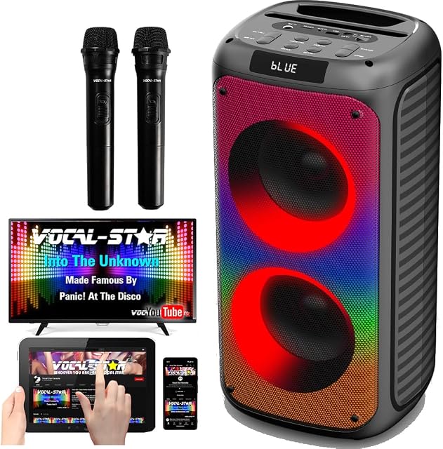 Vocal-Star Przenośna maszyna do karaoke z Bluetooth, 2 mikrofony, głośnik 100 W, 6 olśniewających efektów świetlnych LED, nagrywanie wokali, TWS, AUX, akumulator