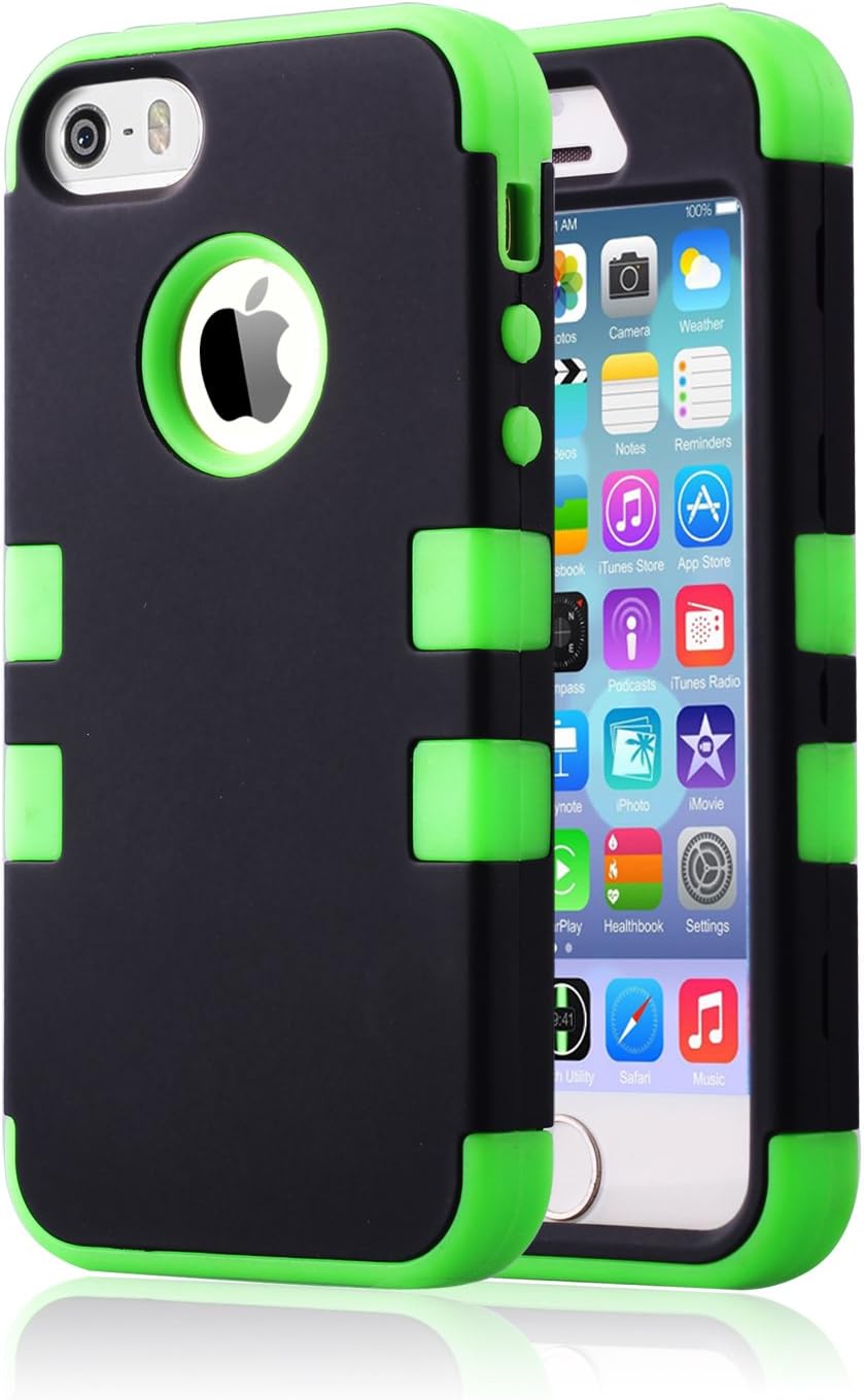 iPhone 5 Case,iPhone 5S Case, BENTOBEN 3 Piece Hard Plastic Shell Silicone Hybrid iPhone 5 Cases Shock Proof Drop Resistance Anti-Slip Cover for Apple iPhone 5 5S, Black/Green