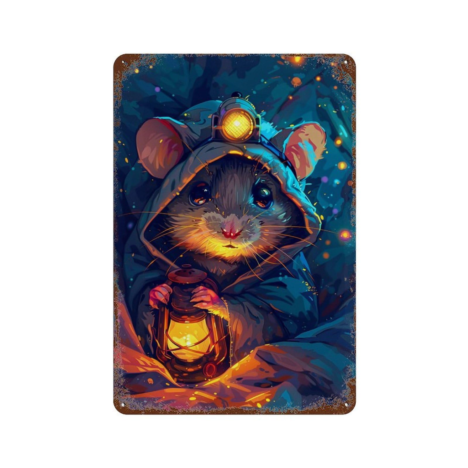 Rusty Metal Tin Sign Steampunk Mouse Lantern Adventure 11.8"x7.9", Vintage Wall Decor for Shed, Workshop And Garage Wall Decor