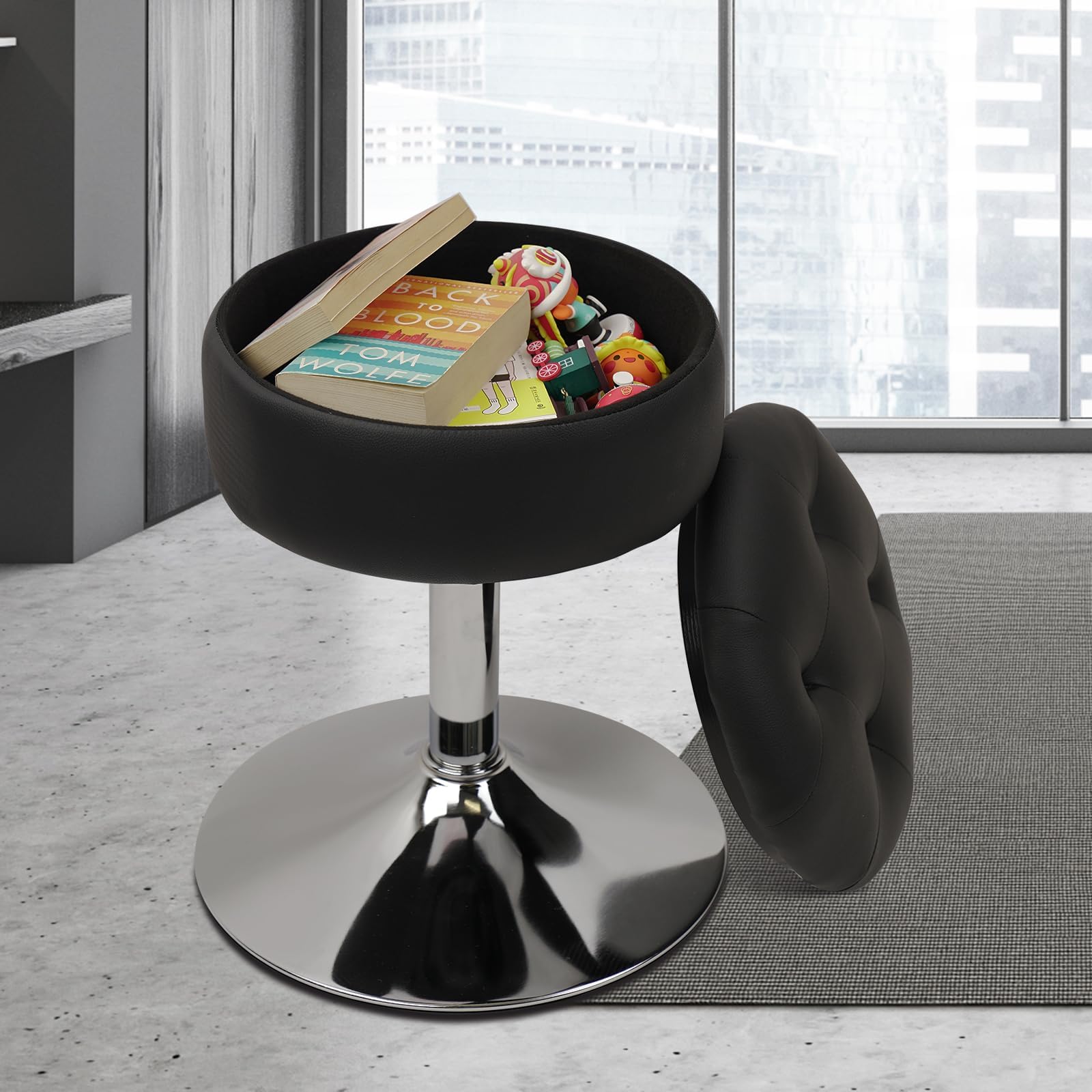 Klasika Tabouret de Coiffeuse avec Rangement, Pivotant à 360° Réglable en Hauteur Tabourets Chaise de Maquillage Rembourré, Rond Vanité Siège pour Chambre à Coucher, Salon, Noir