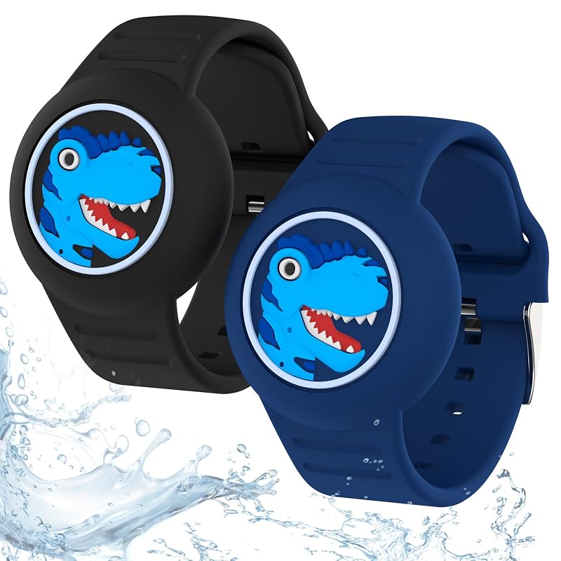 Pulseira infantil de silicone para Apple AirTag com suporte oculto e estampa de dinossauro HLHGR Preto e azul-escuro 2PCS-black+dblue