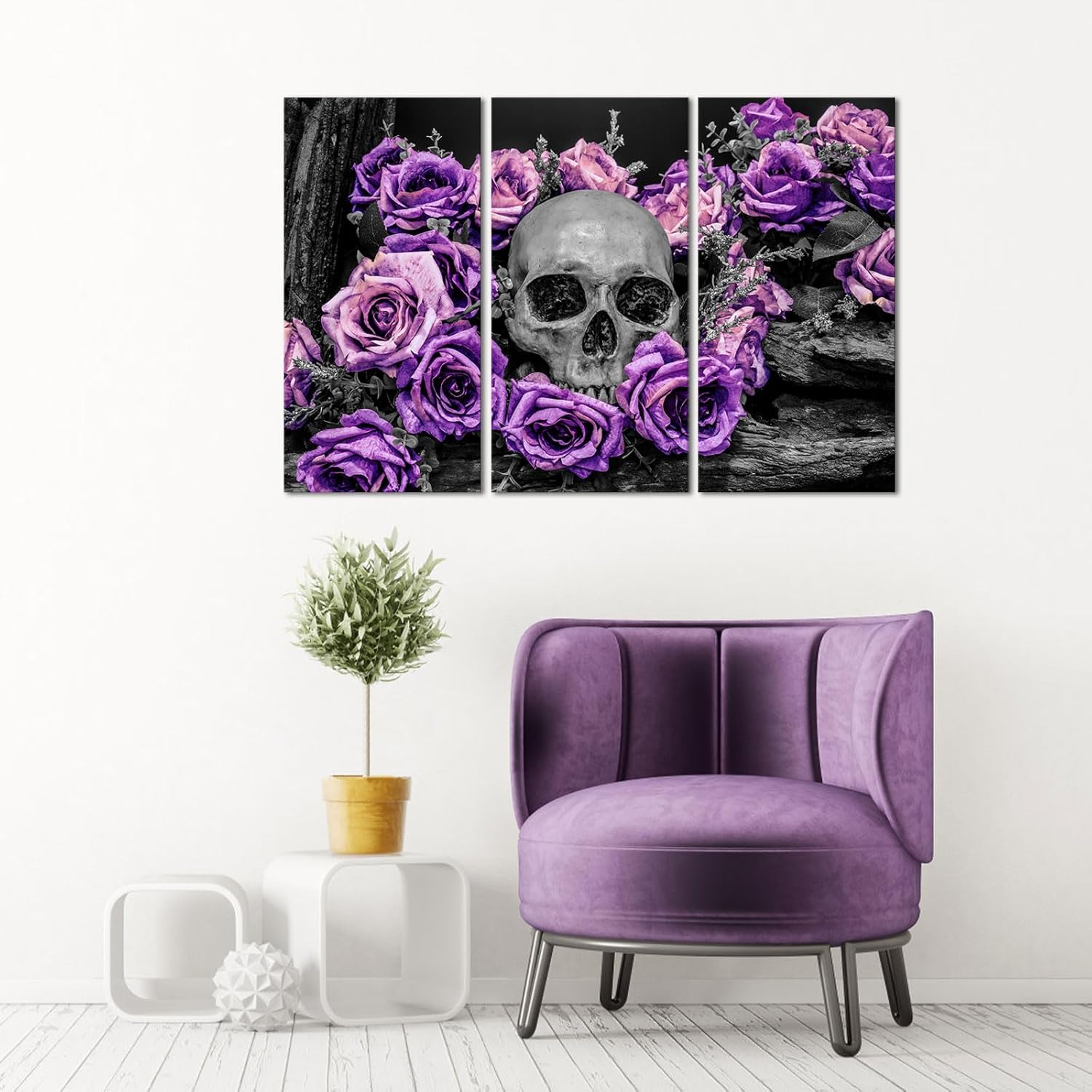 OuElegent 3 Piece Human Skull Canvas Wall Art Sugar Skull with Purple Rose Flower Painting Pictures Gothic Halloween Prints Artwork for Living Room Bedroom Wall Decor Ready to Hang
