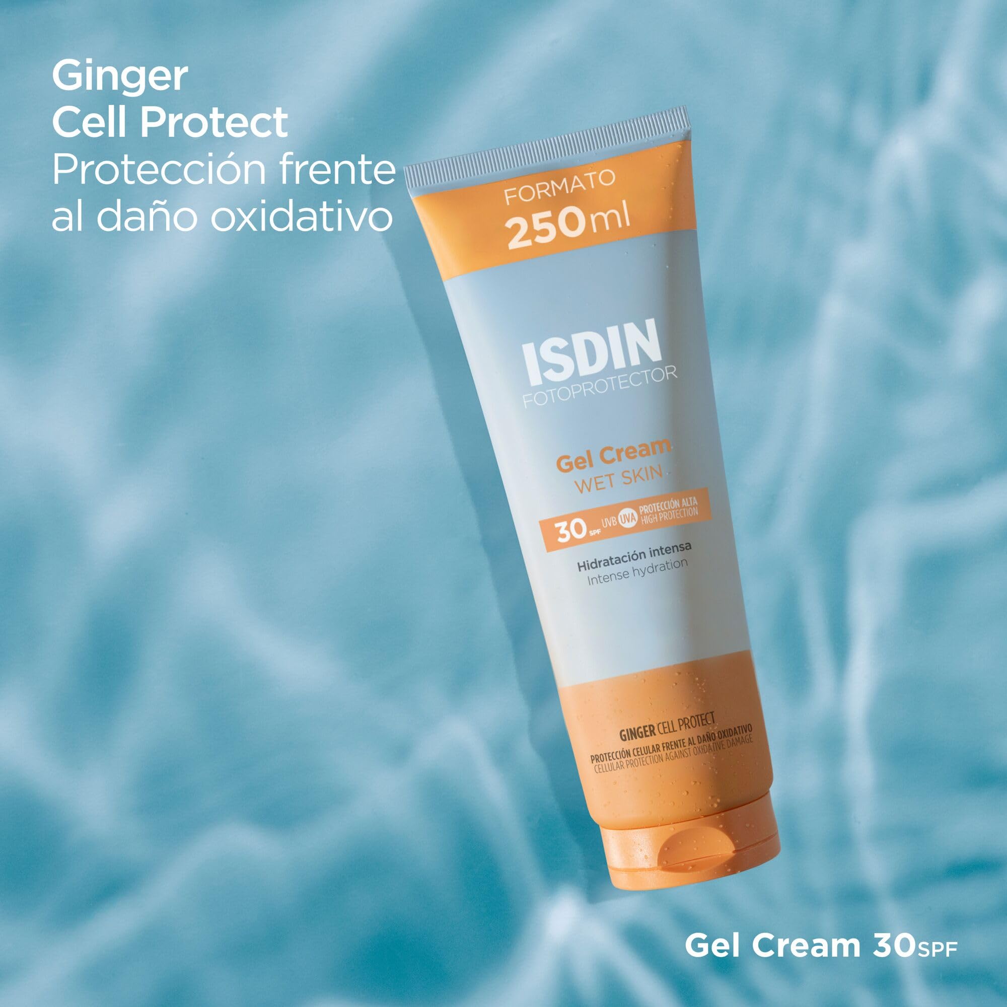 ISDIN Fotoprotector Gel Cream Wet Skin SPF 30, Protector Solar Corporal con Textura Gel Crema de Rápida Absorción, Crema Solar que Hidrata como una Crema y Refresca como un Gel -250 ml