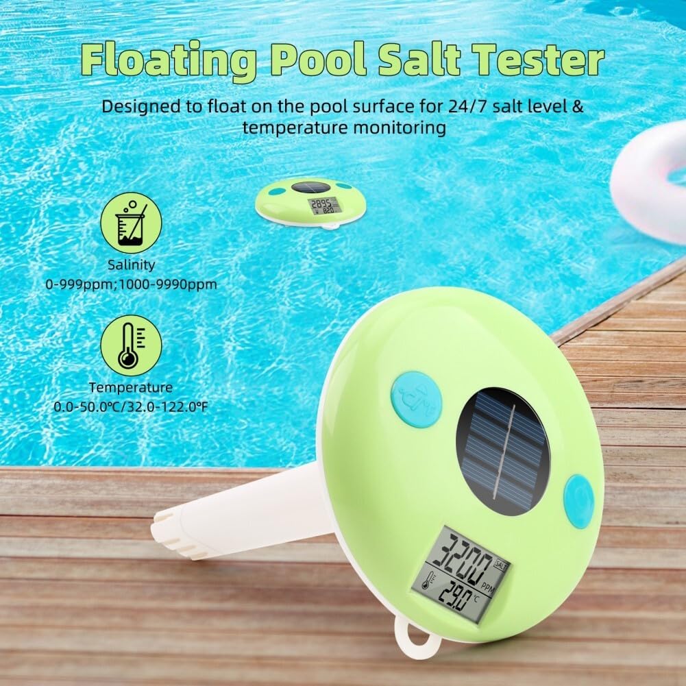 Tester solare galleggiante e termometro per piscina, misuratore di salinità digitale 0-9990 ppm, misuratore di temperatura dell'acqua 0-50 °C, visualizzazione continua senza cambio della