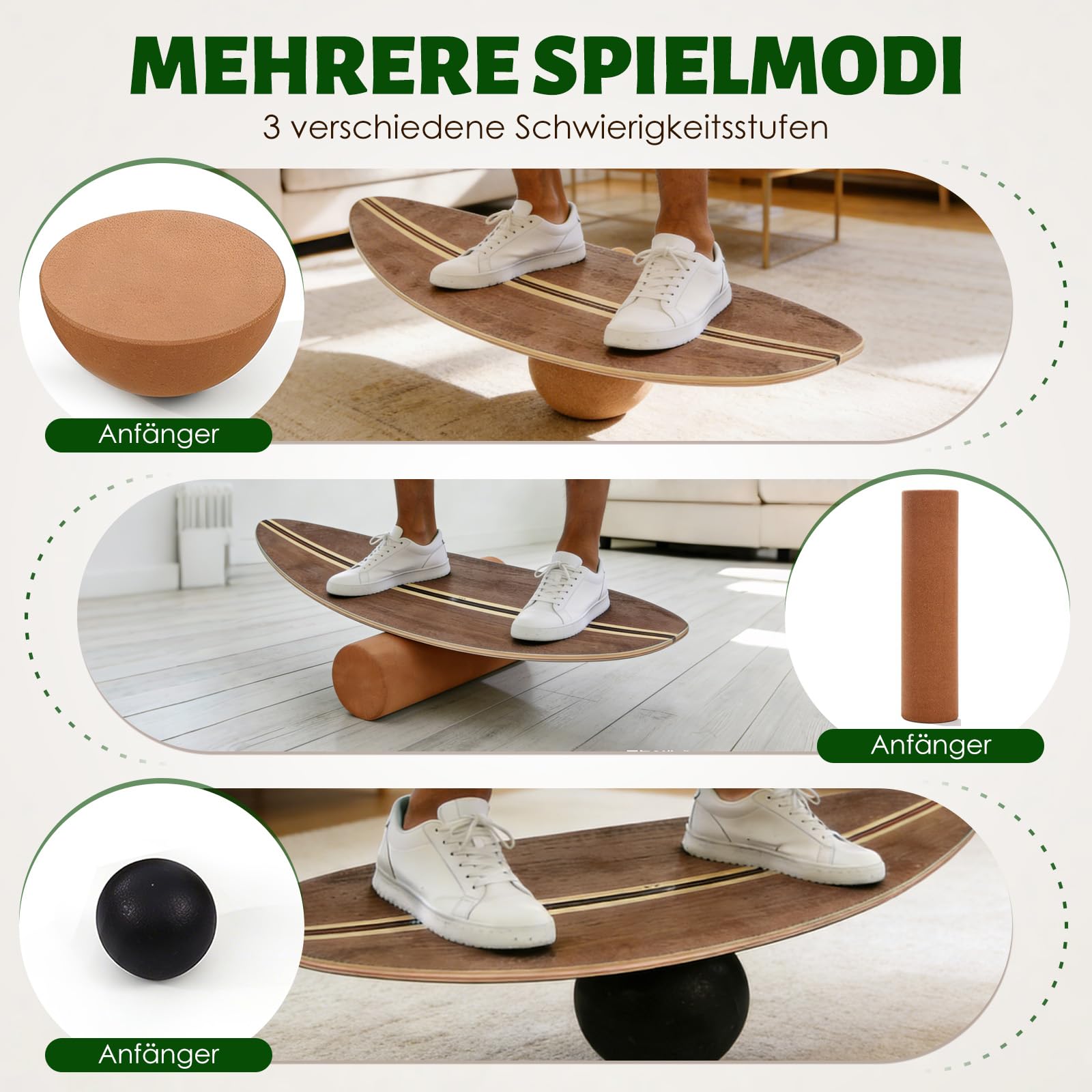 Balance Board, Holz Balance Board Erwachsene Gleichgewichtstrainer Mit Korkrolle, Kork Halbkugel und Gummiball, Balance-Trainer mit rutschfester Oberflächenbehandlung