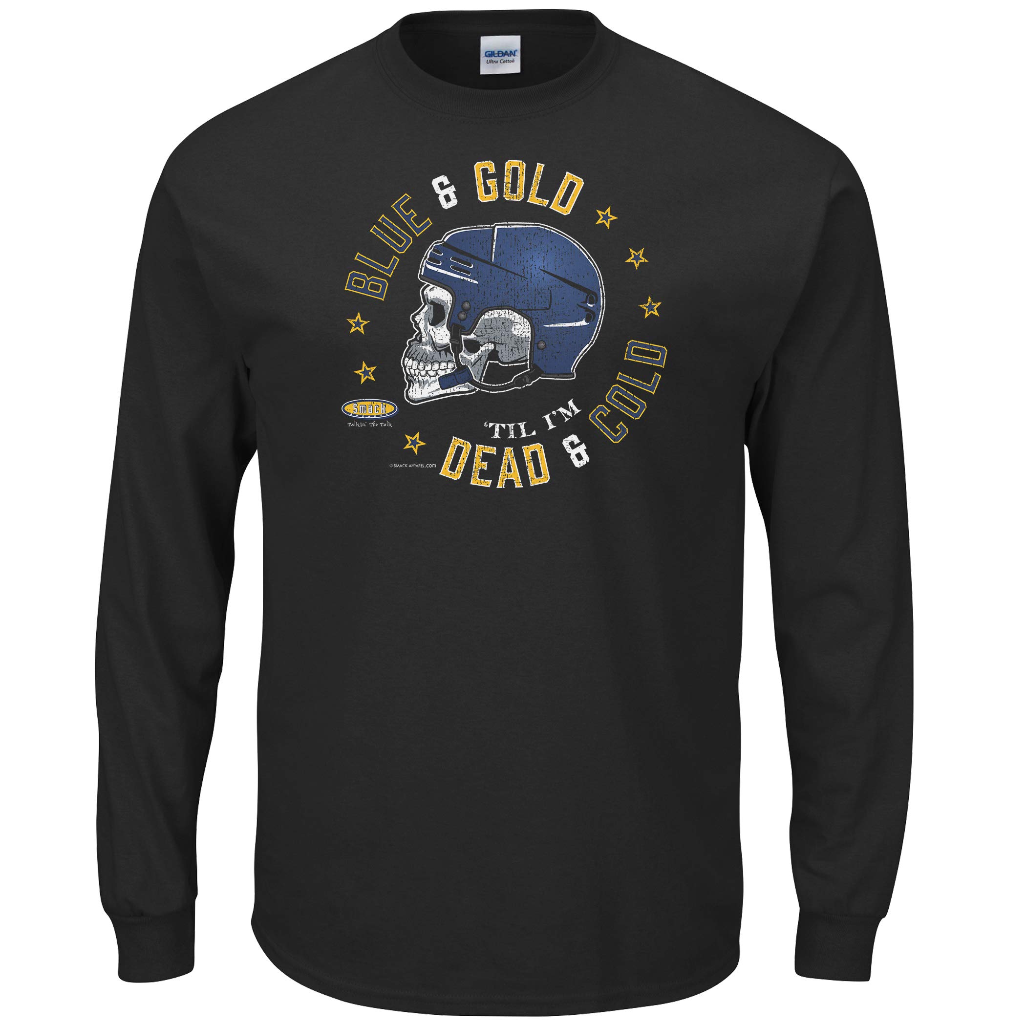 Smack ApparelSt. Louis Hockey Fans. Blue and Gold 'Til I'm Dead and Cold Black T-Shirt. (Sm-5x)