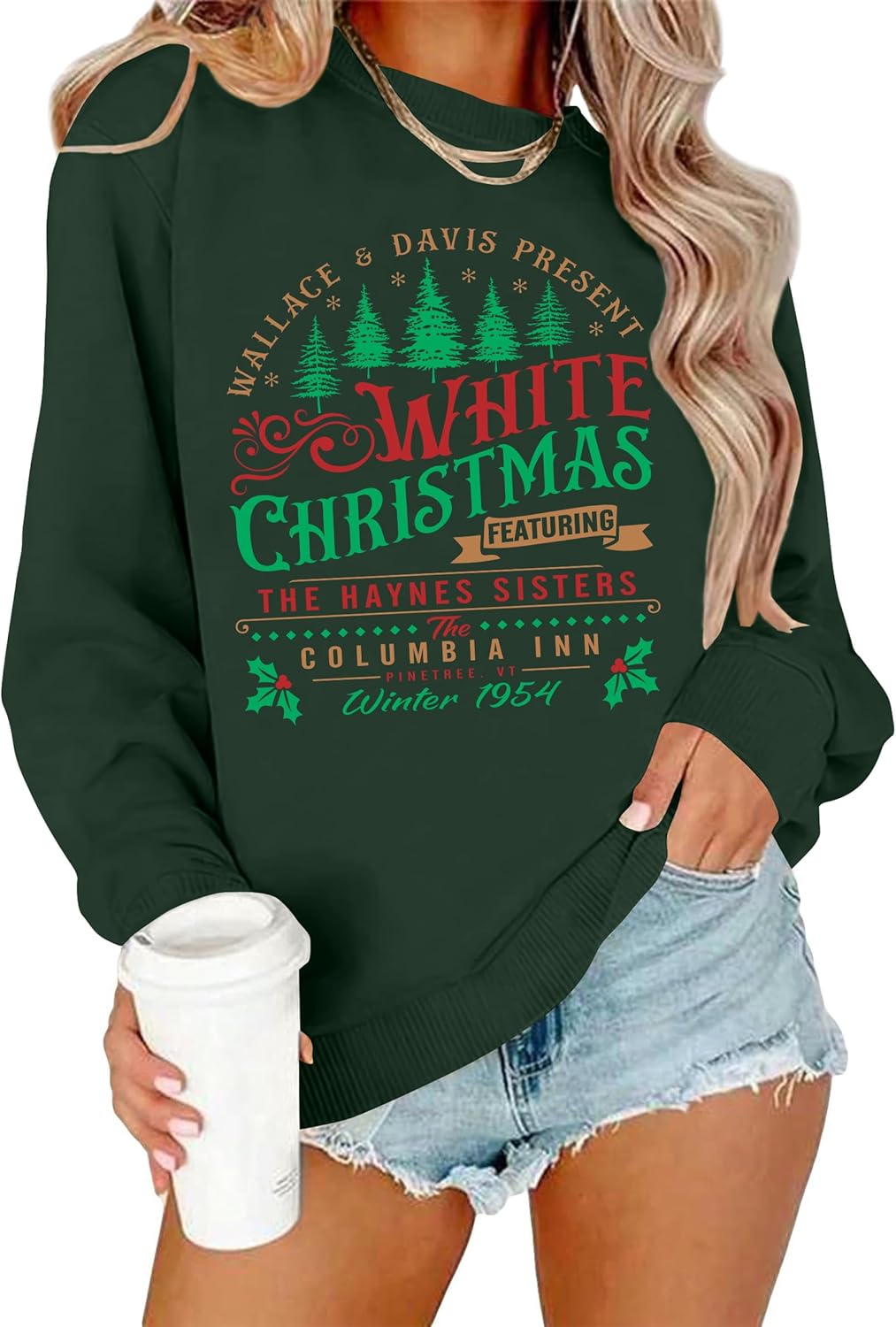 LAZYCHILD White Christmas Sweatshirt for Women: Christmas Movie 1954 Shirts Xmas Tree Holiday Long Sleeves Pullover