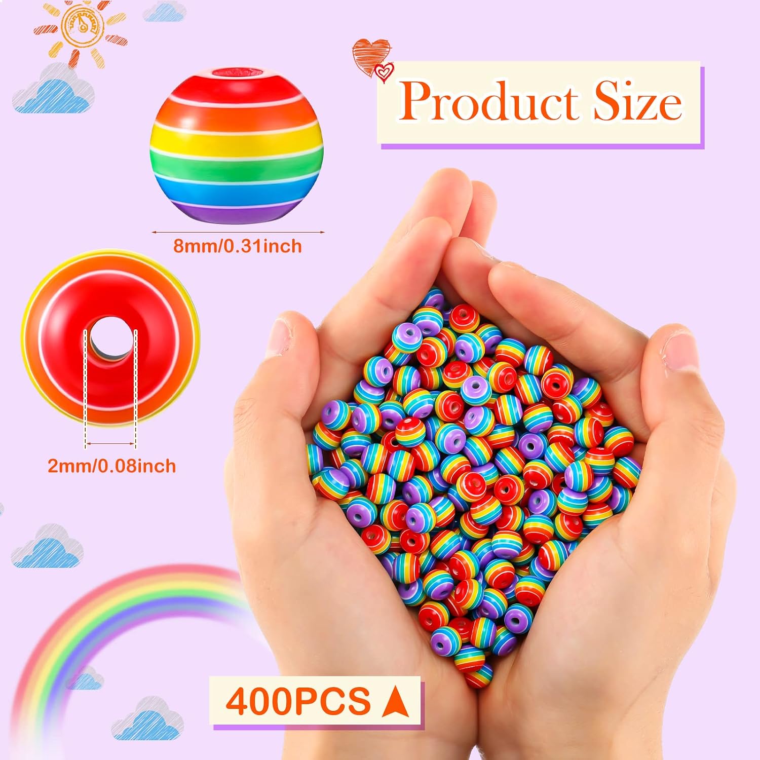 Batiyeer 400 Pcs 8 mm Rainbow Striped Resin Beads Gay Pride LGBTQ Round Candy Stripe Bubble Gum Beads Bulk for DIY Bracelet Necklaces Jewelry Making(Purple Rainbow)