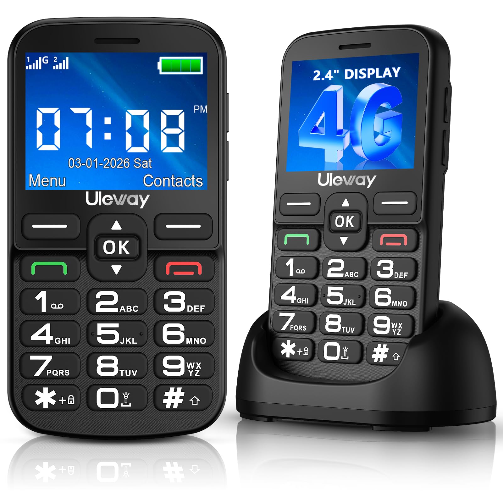 4G Teléfono Móvil para Personas Mayores con Teclas Grandes, Grande de 2,4 Pulgadas, Fácil de Usar Celular para Ancianos con Volumen Alto, Llamada Rápida, Botón SOS, Sistema Sencillo, Base Cargadora