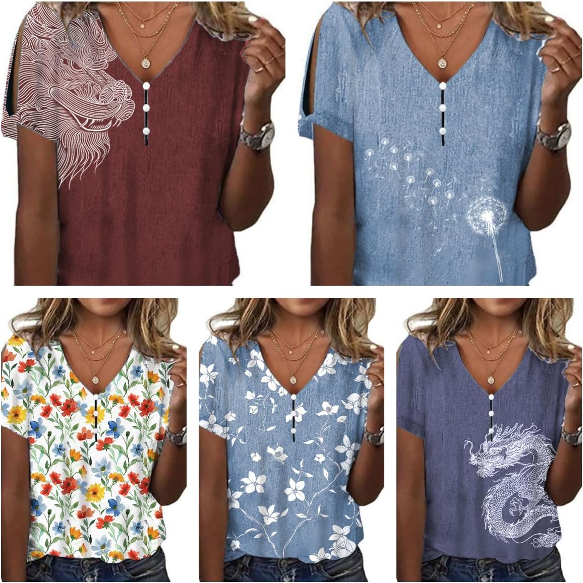 Boho Tops for Women Hippie Cold Shoulder Tops for Women Comfy V Neck Short Sleeve Country Concert Outfits for Women - Image 4