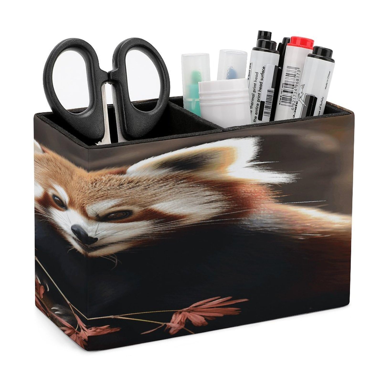 VstaDank Red Pandas Pen Holder Double Compartments Pen Cup Fashion Makeup Brush Holders Leather Pencil Holder for Work Locker Accessories Modern Pencil Cup for Desk Organizer