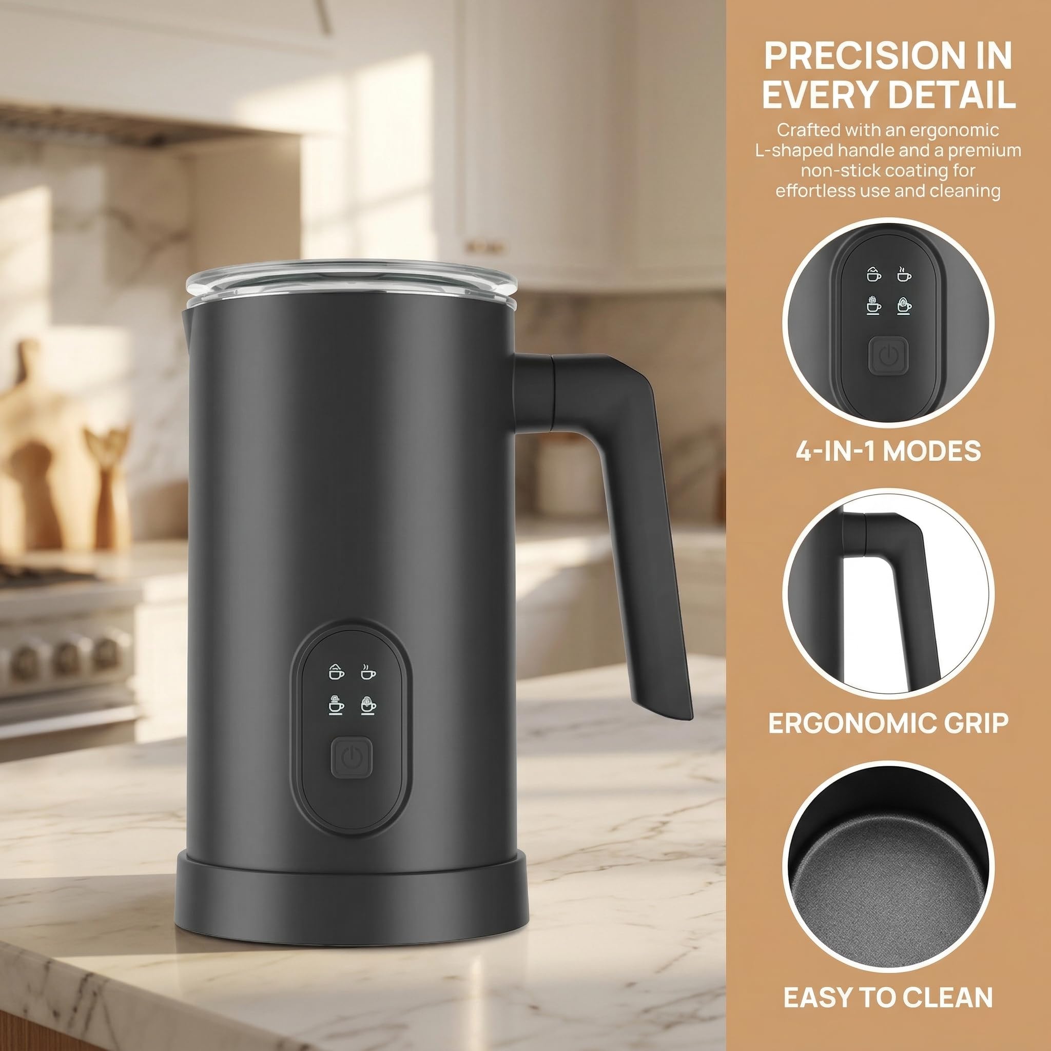 Espumador De Leche Eléctrico 350ml 4 Modos, Mousseador De Leche Caliente Fría con Interior De Acero Inoxidable 304, Calentador Automático para Latte Cappuccino Café Y Chocolate Caliente