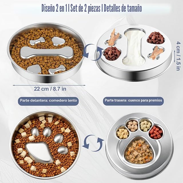 Foto 2 de 8 de Comedero para Perros de Acero Inoxidable 304, Pack de 2, diseño 2 en 1 de Doble Cara