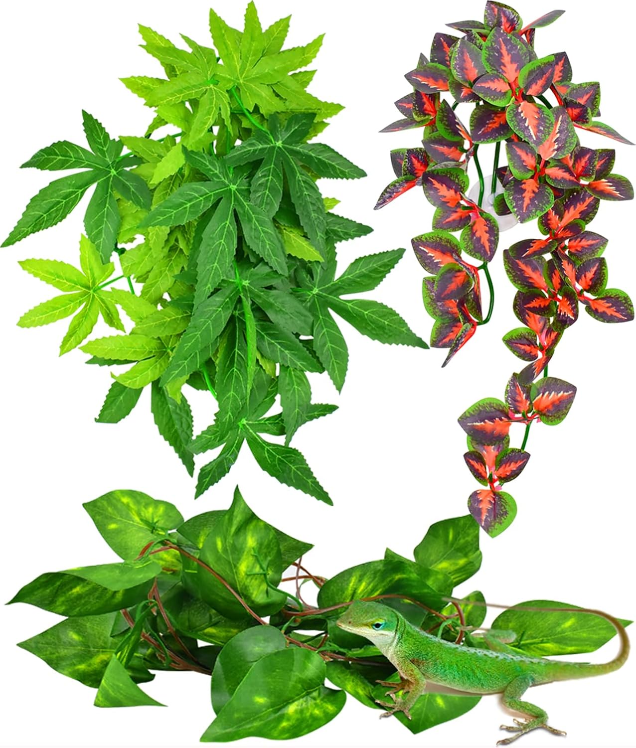 KATUMO Reptile Plants, 3 PCS Amphibian Hanging Plants with Suction Cup for Snake, Bearded Dragons, Lizards, Geckos, Toads, Hermit Crab Tank Pets Habitat Decorations