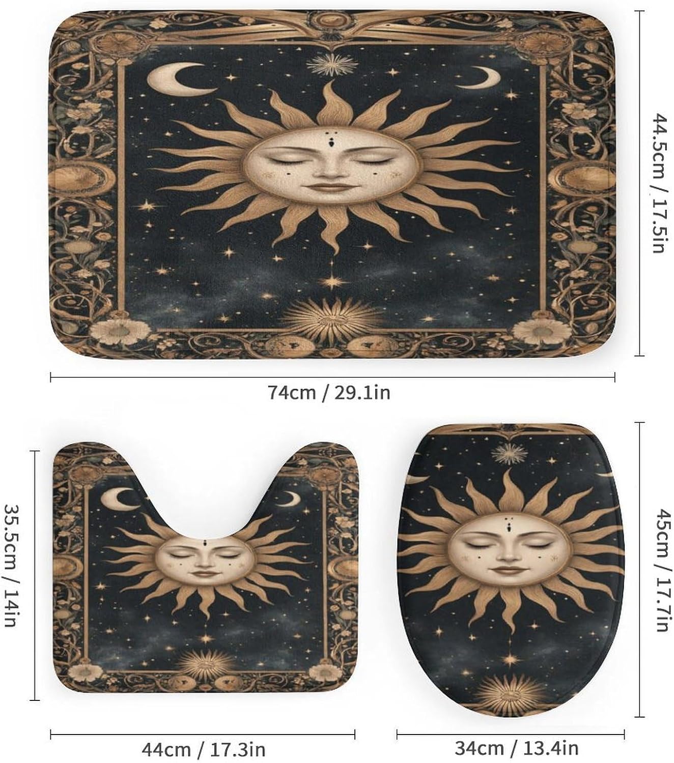Celestial Sun Moon Stars Shower Curtain Set with Non-Slip Rugs, Toilet Lid Cover & Bath Mat, 4-Piece Waterproof Fabric Bathroom Decor Set with 12 Hooks, Modern Shower Curtain for Bathroom, 72 X 72 Inc