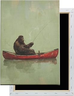 ビンテージフィッシングボートウォールアート ファニーサスカッチポスター レイクハウスプリント フライフィッシングピクチャー レトロ 魚 ウォールアート 素朴なキャビンアートワーク ヴィンテージフィッシュプリント 面白いビッグフットペインティング 男性用 40.64x60.96cm フレーム入り