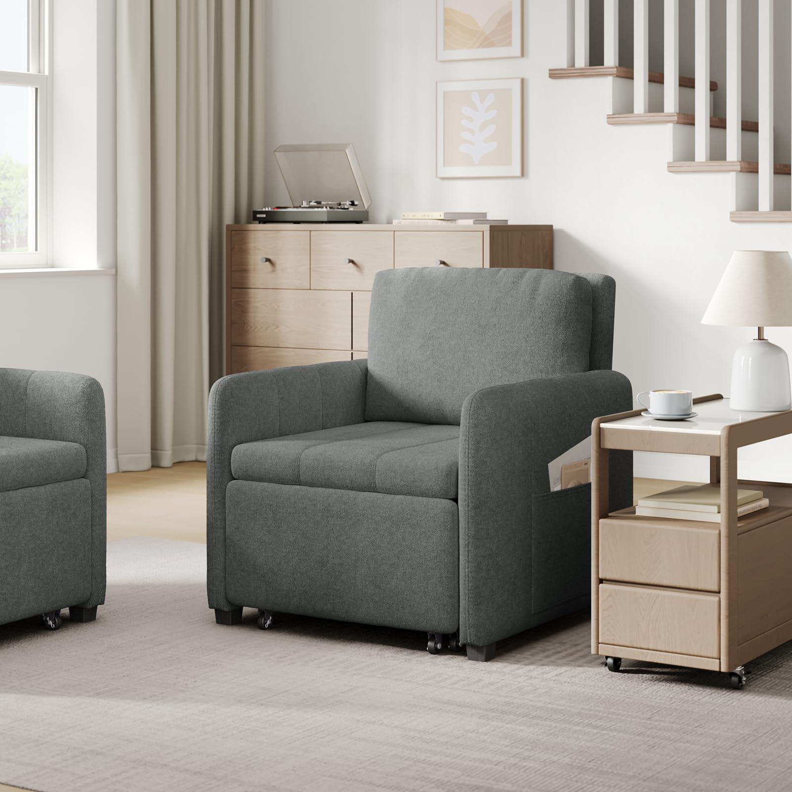 WOLTU 3-in-1 Schlafsessel, mit 5-Fach verstellbare Rückenlehne, Dunkelgrau | Schlafsofa mit Seitentasche, zu 235 cm verlängern, bequemer Lesesessel platzsparend, bis 150 kg, 76,5 x 85 x 82,5 cm