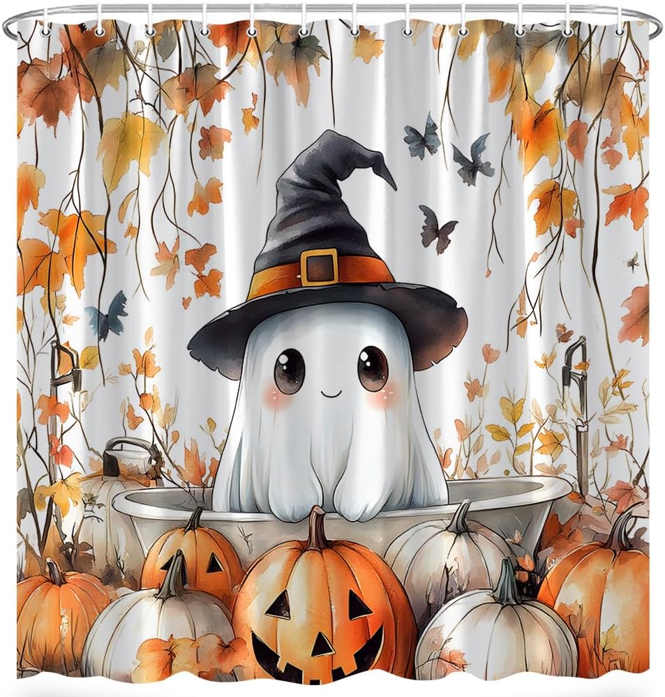 Fall Spooky Ghost Shower Curtain Funny Ghost Take Bath Bat Halloween Pumpkin Maple Leaf Thanksgiving Bath Decor Polyester Fabric Curtains 90X70 Inch