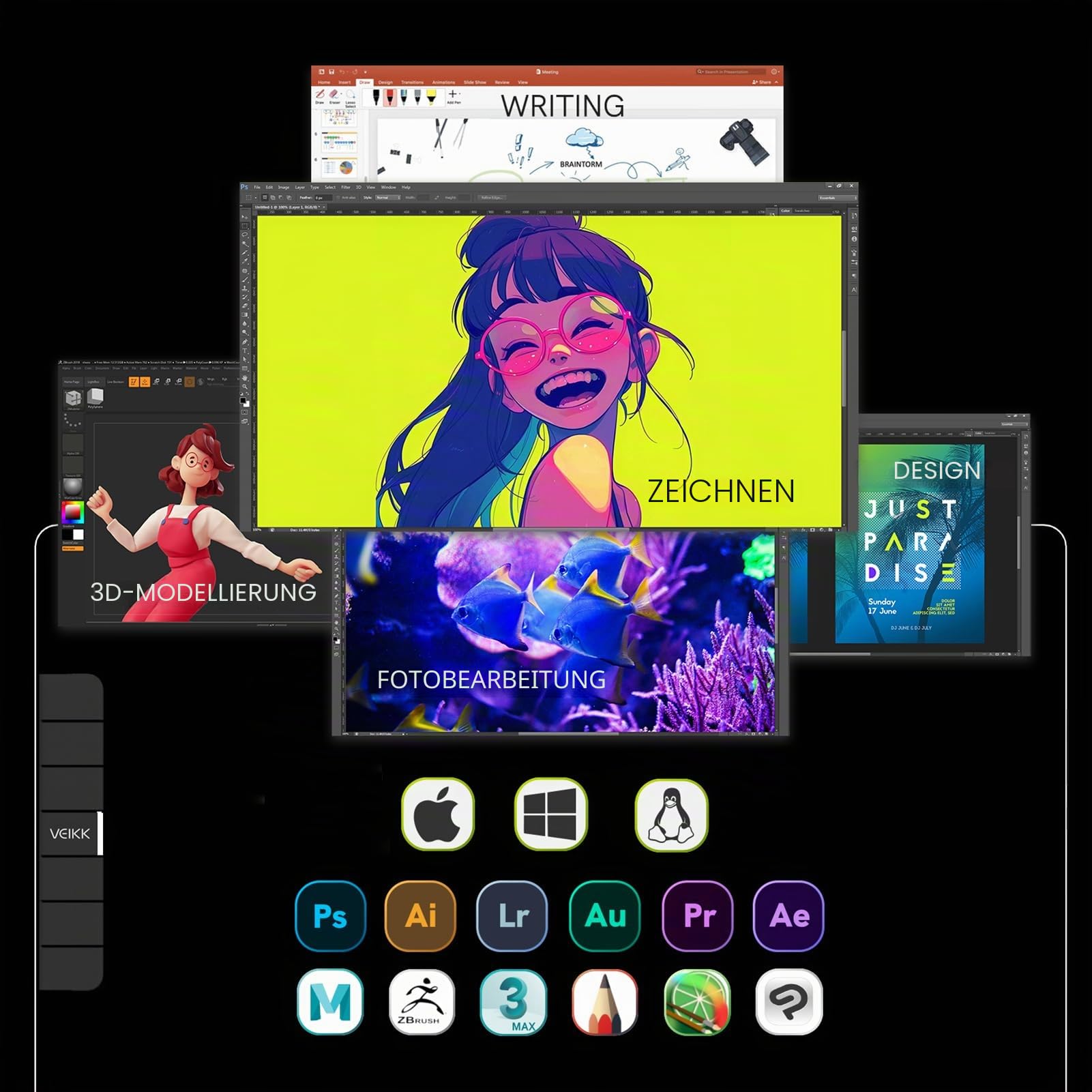 VEIKK Grafiktablett mit Display, VK1200 FHD IPS 11,6 Zoll Grafiktabletts mit 100% sRGB Bildschirm, 6 Shortcut-Tasten und 8192 Stufen Batterie-freiem Stylus, Kompatibel mit Linux/Windows/Mac