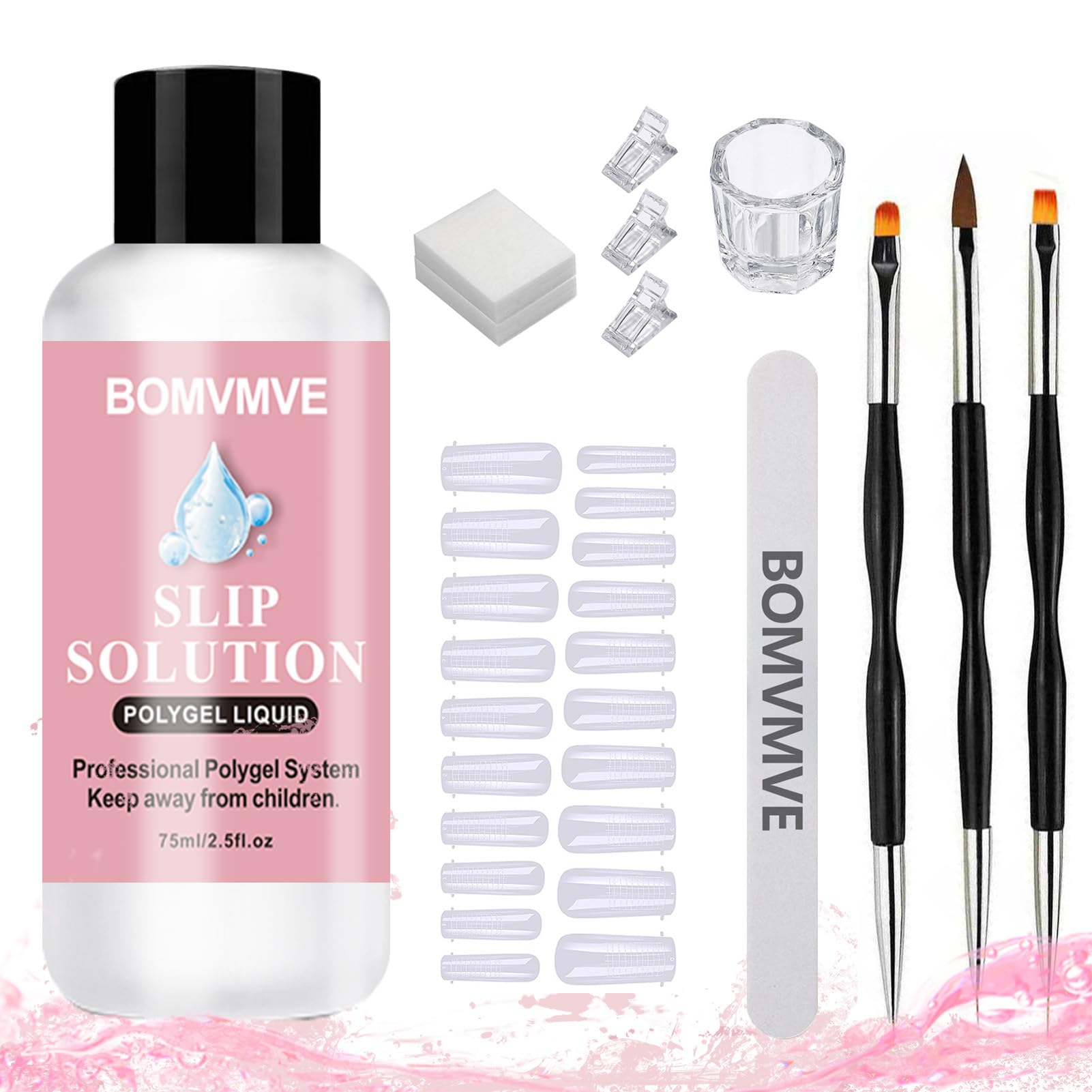 Slip Solution Polygel, Solution de Glissement pour Polygel Ongles, Kit Ongle Gel Anti-adhérence,Comprend une Pince à Ongles,une Brosse à Ongles,un Verre en Cristal et des Lingettes Nettoyantes