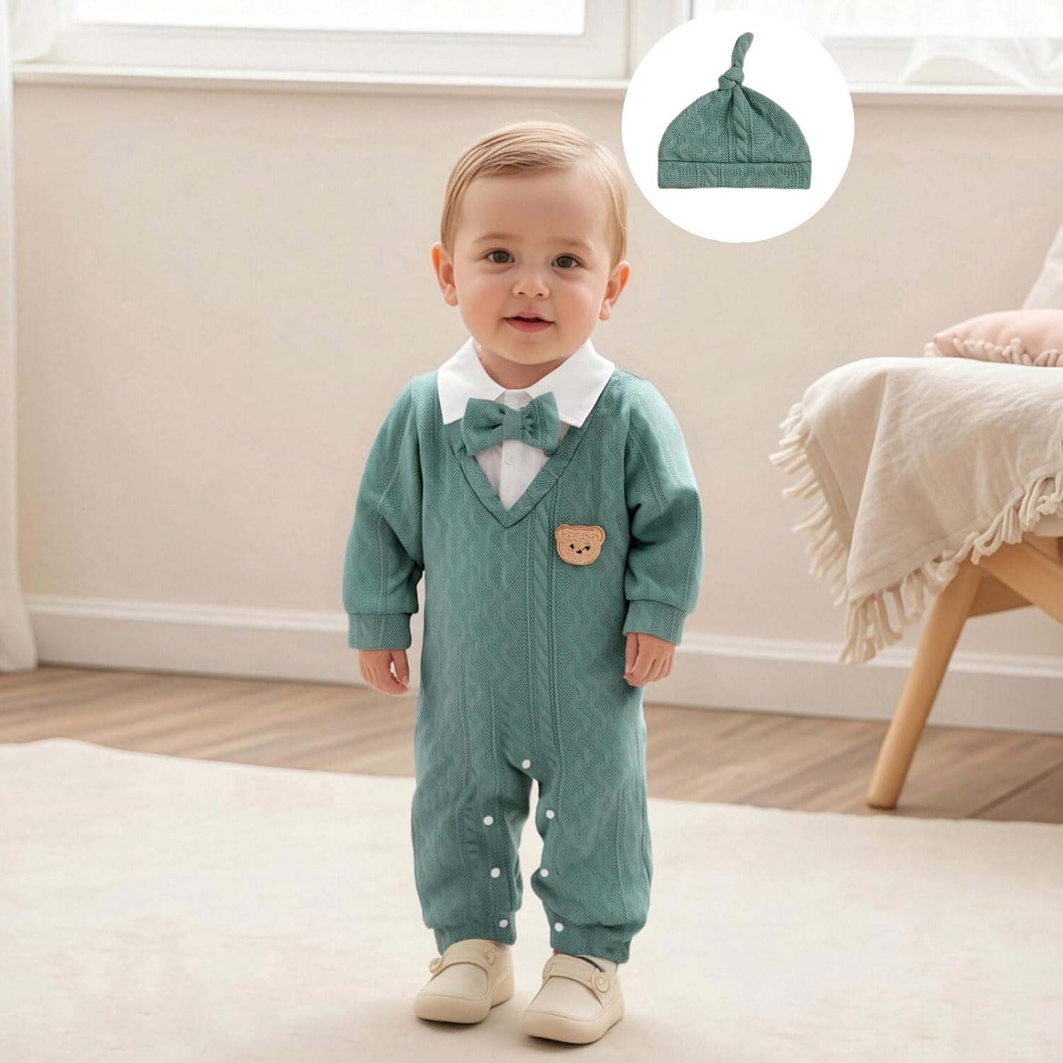 Newborn Infant Baby Boy Outfits Suit Bowtie Bear Embroidery Dress Romper Jumpsuit Gentleman Wedding Clothes Formal - Image 3