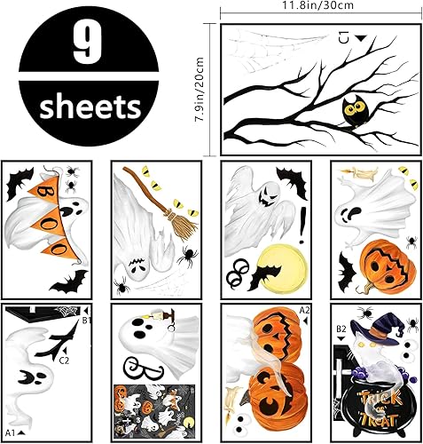 Miniatura 2 de Yovkky 45 calcomanías de Halloween para ventana, 9 hojas, espeluznante fantasma, truco o trato, calabaza, boo, Halloween, víspera de Halloween,