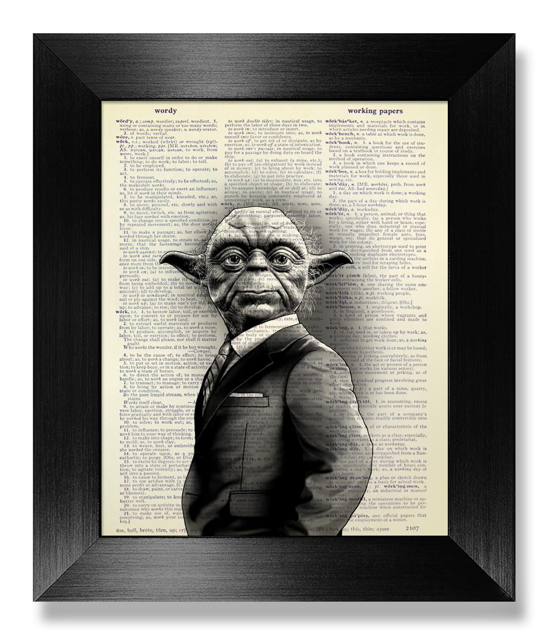 HandmadeStar Wars Poster, Yoda in Suit Original Artwork, Funny Star Wars Wall Art Print, Boyfriend Husband Gift for Man, Star Wars Print on Vintage Dictionary Page, Unique Office Gift, Living Room Decor