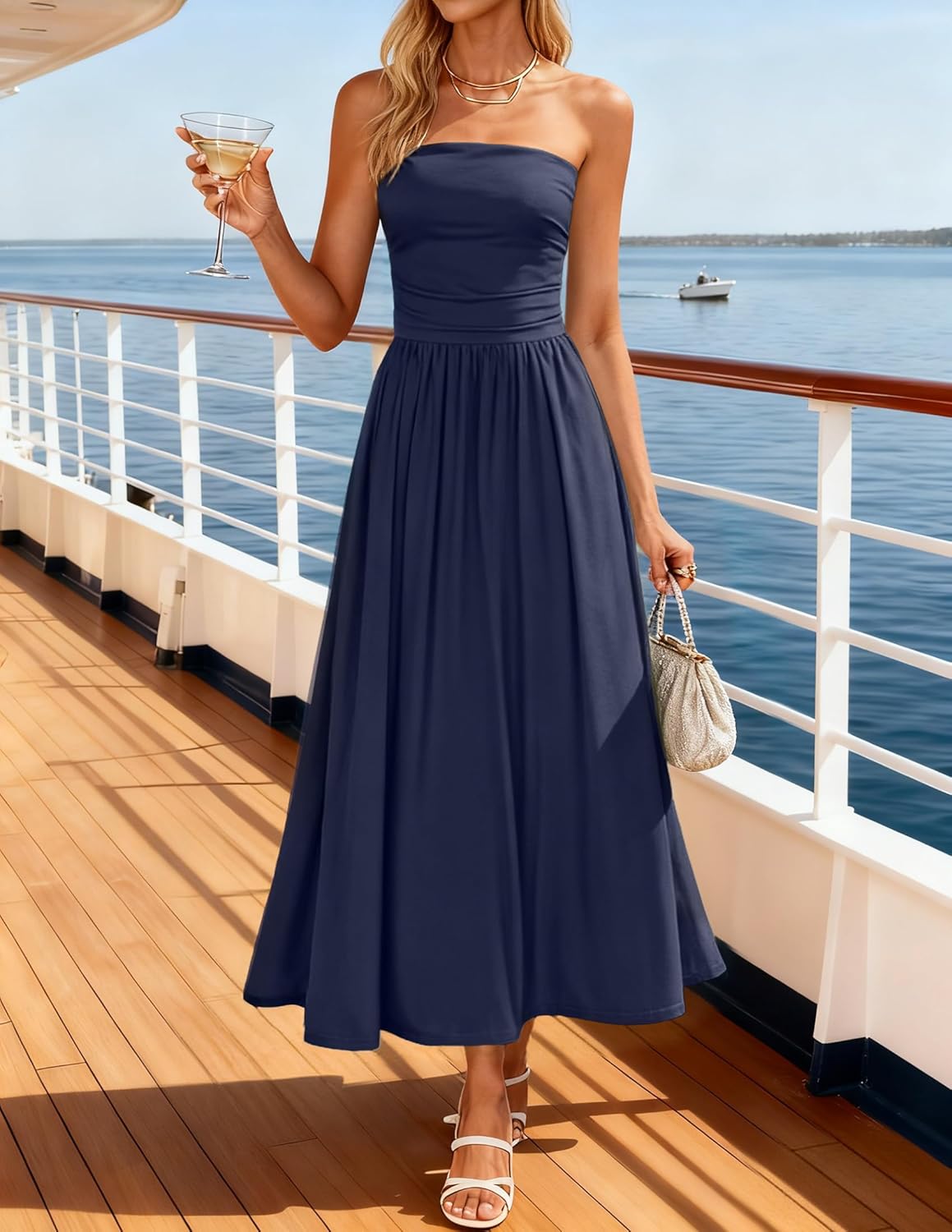 ZESICA Women's Summer Sleeveless Midi Dress 2026 Strapless Ruched A Line Flowy Wedding Guest Party Beach Long Dresses - Image 5