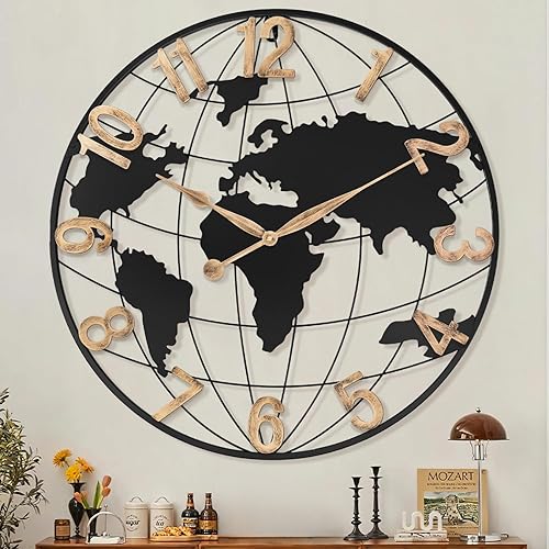 Miniatura 18 de Reloj de pared grande de 24 pulgadas, reloj decorativo moderno y silencioso de metal con mapa mundial para decoración de sala de estar, gran reloj