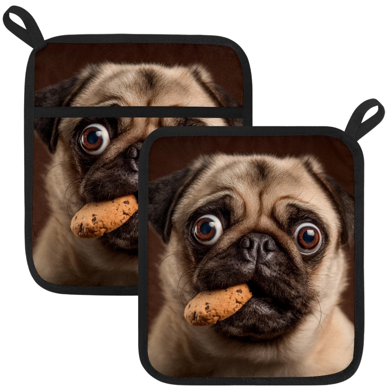 VAPOKF Pug Dog Heat Resistant Pot Holders, Thick Pot Holders Pad with Hanging Loop for Kitchen, Oven Cloth Pads for Kitchen Baking Microwave Oven