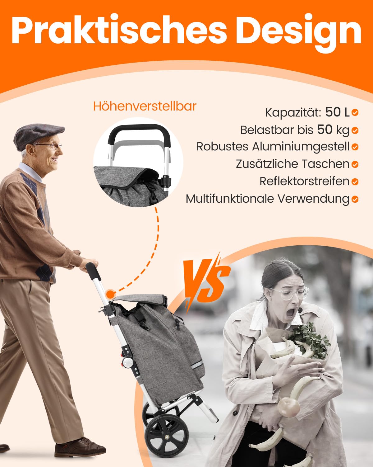Homecall Einkaufstrolley klappbar Einkaufswagen mit 50L + 5L kühlfunktion Bis 50KG, Einkaufstasche mit Rollen 3 in 1 Shopping Trolley & Sackkarre & Umhängetasche (Dunkelgrau, Standard)