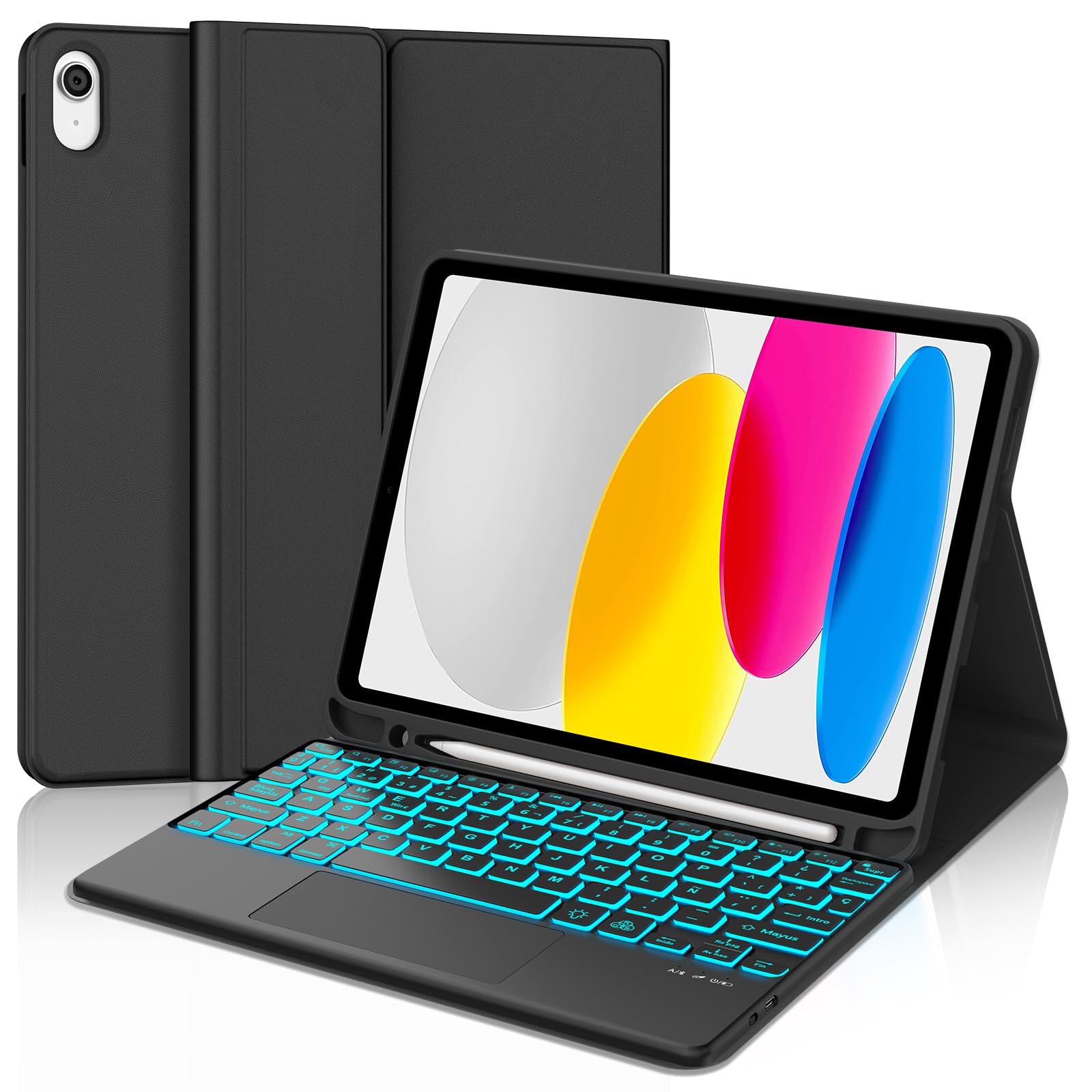 Funda Teclado para iPad A16 11 Gen 2025/ iPad 10ª Generación 2022 | Funda para iPad A16 con Teclado Bluetooth Trackpad Español, Teclado Retroiluminado para iPad 10ª Gen/ 11 Gen A16 2025-Negro