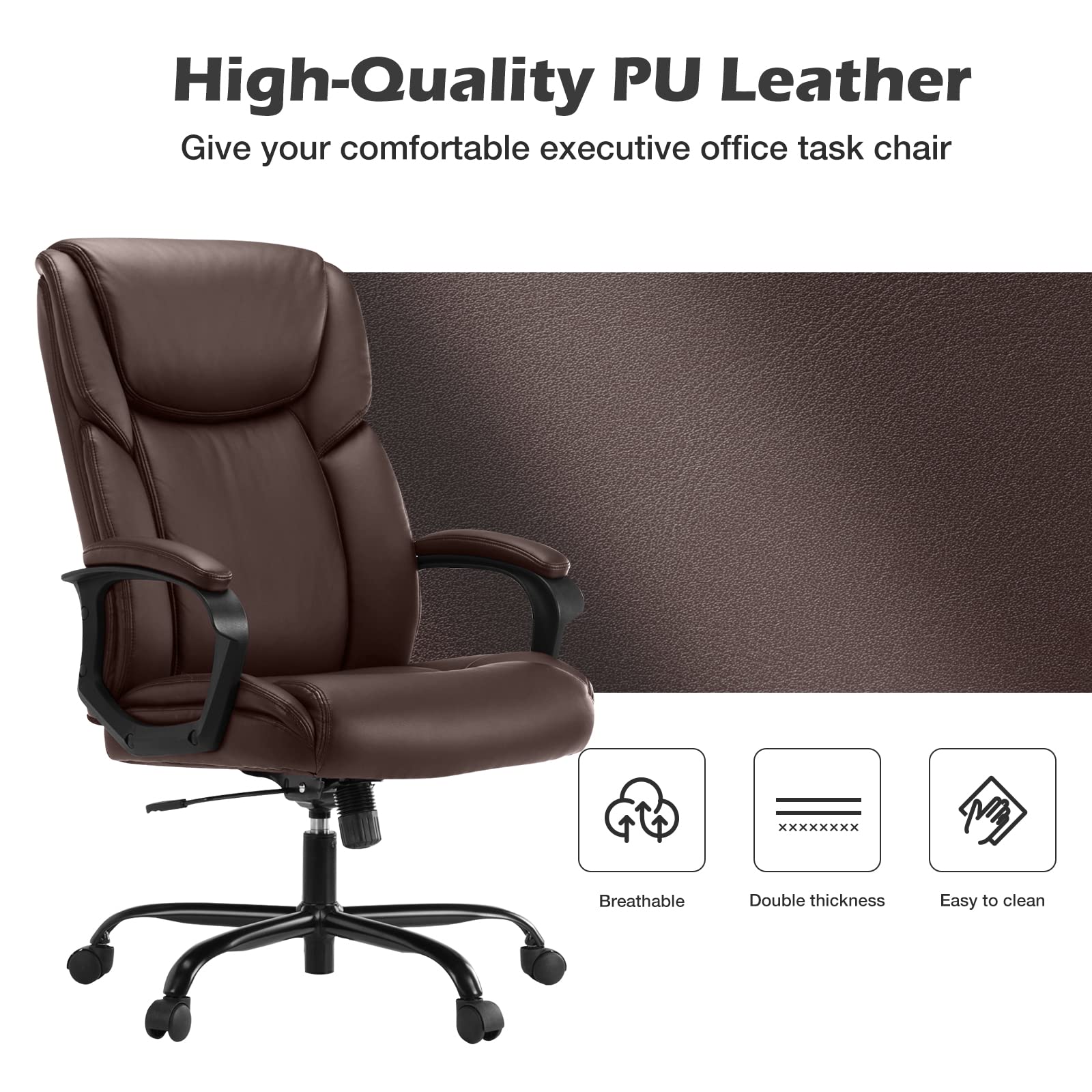 Executive Office Chair - Ergonomic Home Computer Desk Chair for Heavy People with Wheel, Lumbar Support, PU Leather, Adjustable Height & Swivel