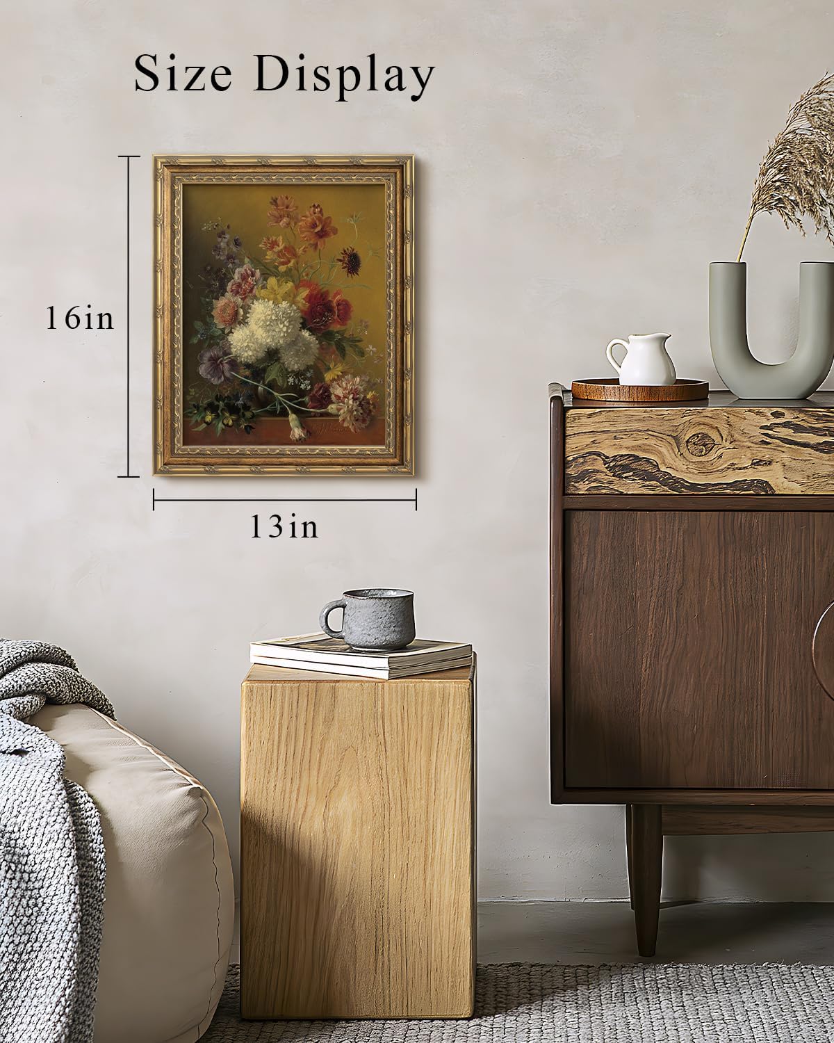VIYYIEA 13x16 Inch Glass Gold Framed Wall Art, Vintage Floral Bouquet Canvas Print, Classical Still Life Floral Vase Artwork, Home Decor for Living Room Bedroom and Entryway