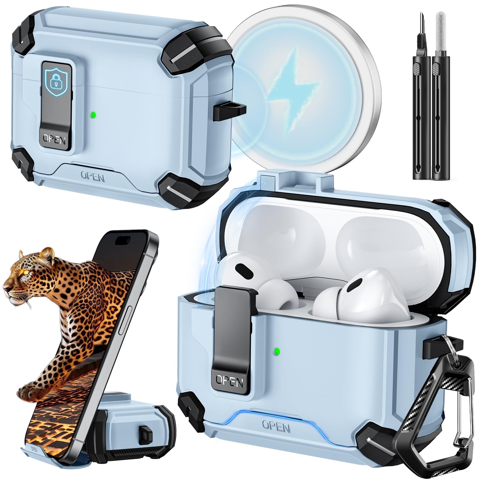 Inesore Compatible with AirPods Pro 2nd/1st Generation Case Cover with Phone Stand & Cleaning Kit,Compatible with Magsafe,Magnetic Automatic Lock for