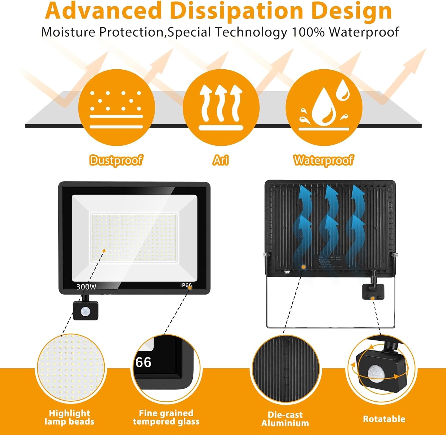 YANYCN 2 Pack 300W LED Motion Sensor Flood Light,LED Work Light with Plug,Super Bright IP66 Waterproof Floodlight Outdoor 43500 lumens 5000K Daylight Dusk to Dawn Security Light for Garage,Front Porch