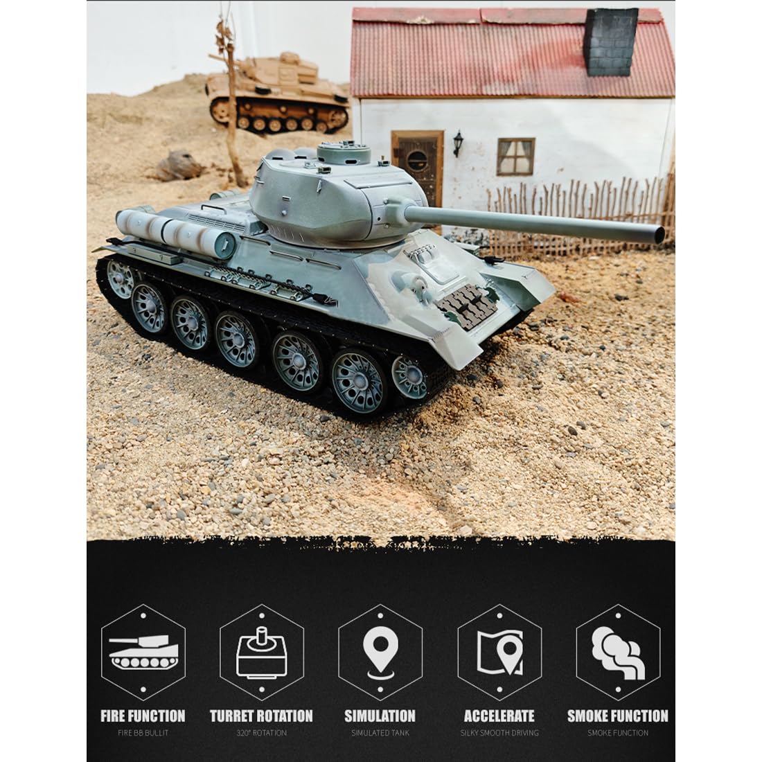 WW2 T-34/85 RC czołg z dźwiękiem, efekt dymu, system walki, 2,4 G 1:16 średni czołg wojskowy obrót o 320°, prezent dla dorosłych, miłośników wojskowych